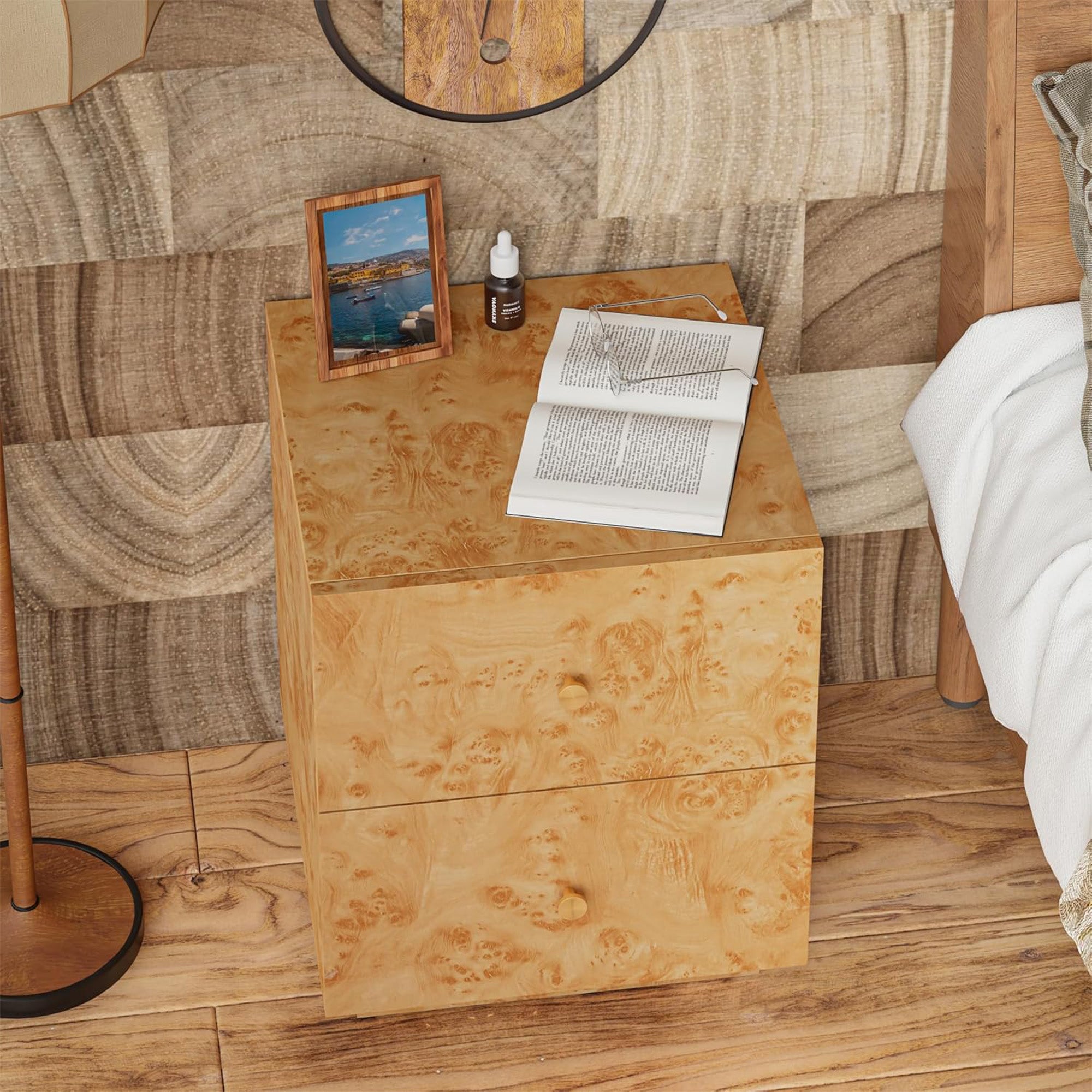 Aoikax Modern 2-Drawer Nightstand, Burl Finish Bedside Storage Table, Brown