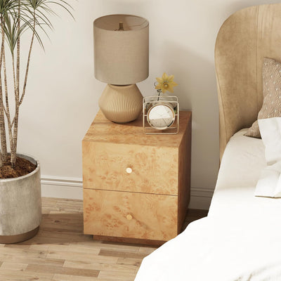 Aoikax Modern 2-Drawer Nightstand, Burl Finish Bedside Storage Table, Brown