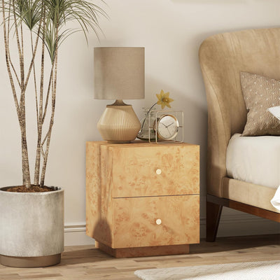 Aoikax Modern 2-Drawer Nightstand, Burl Finish Bedside Storage Table, Brown