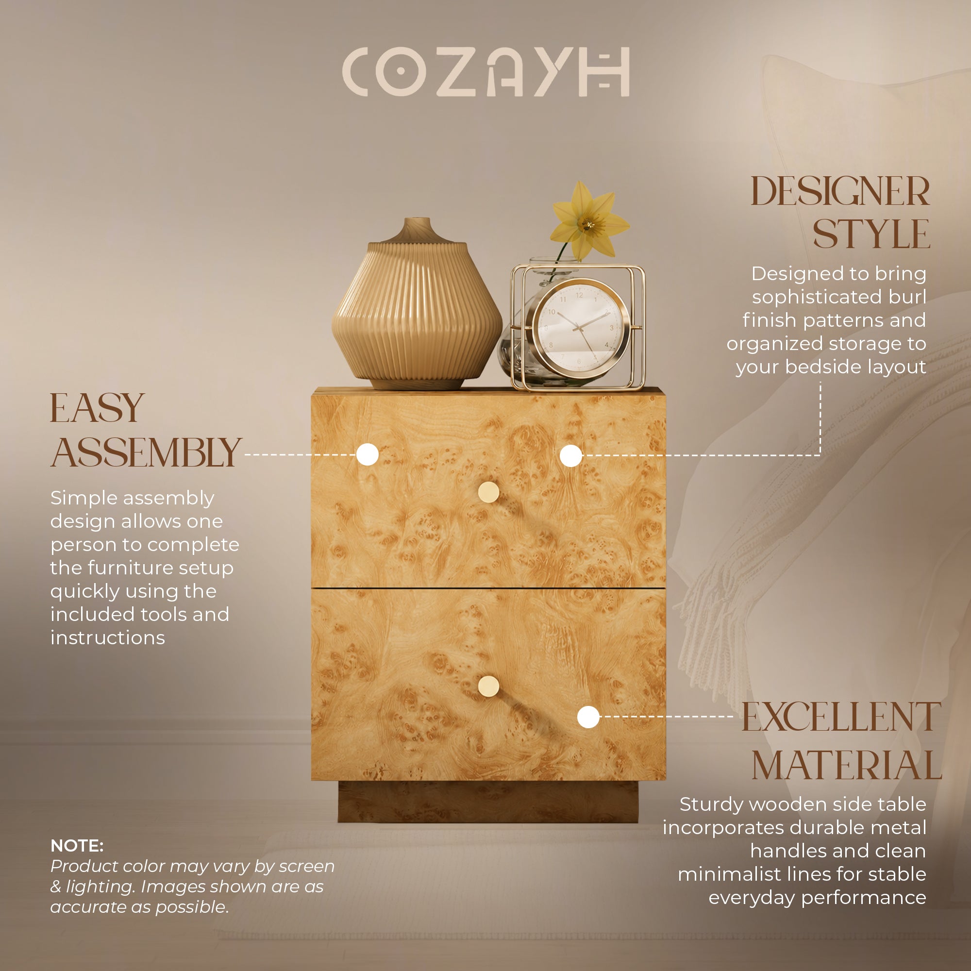 Aoikax Modern 2-Drawer Nightstand, Burl Finish Bedside Storage Table, (Open Box)