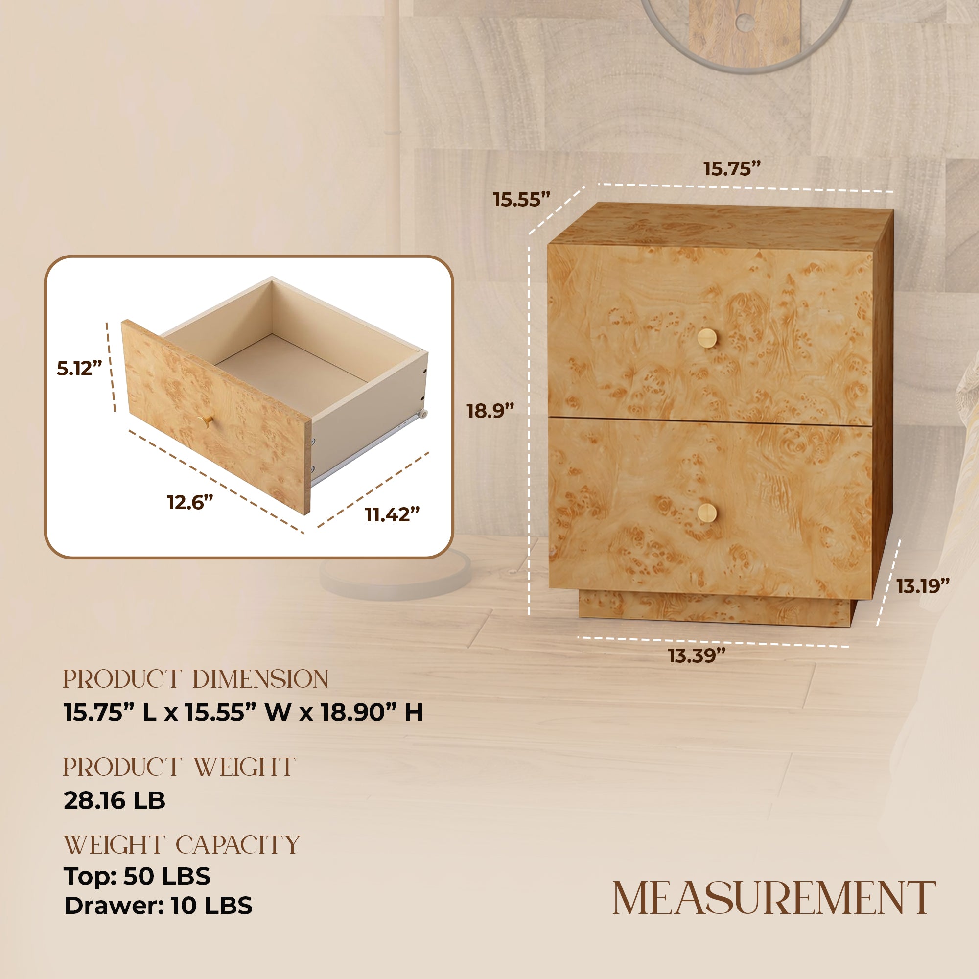 Aoikax Modern 2-Drawer Nightstand, Burl Finish Bedside Storage Table, (Open Box)