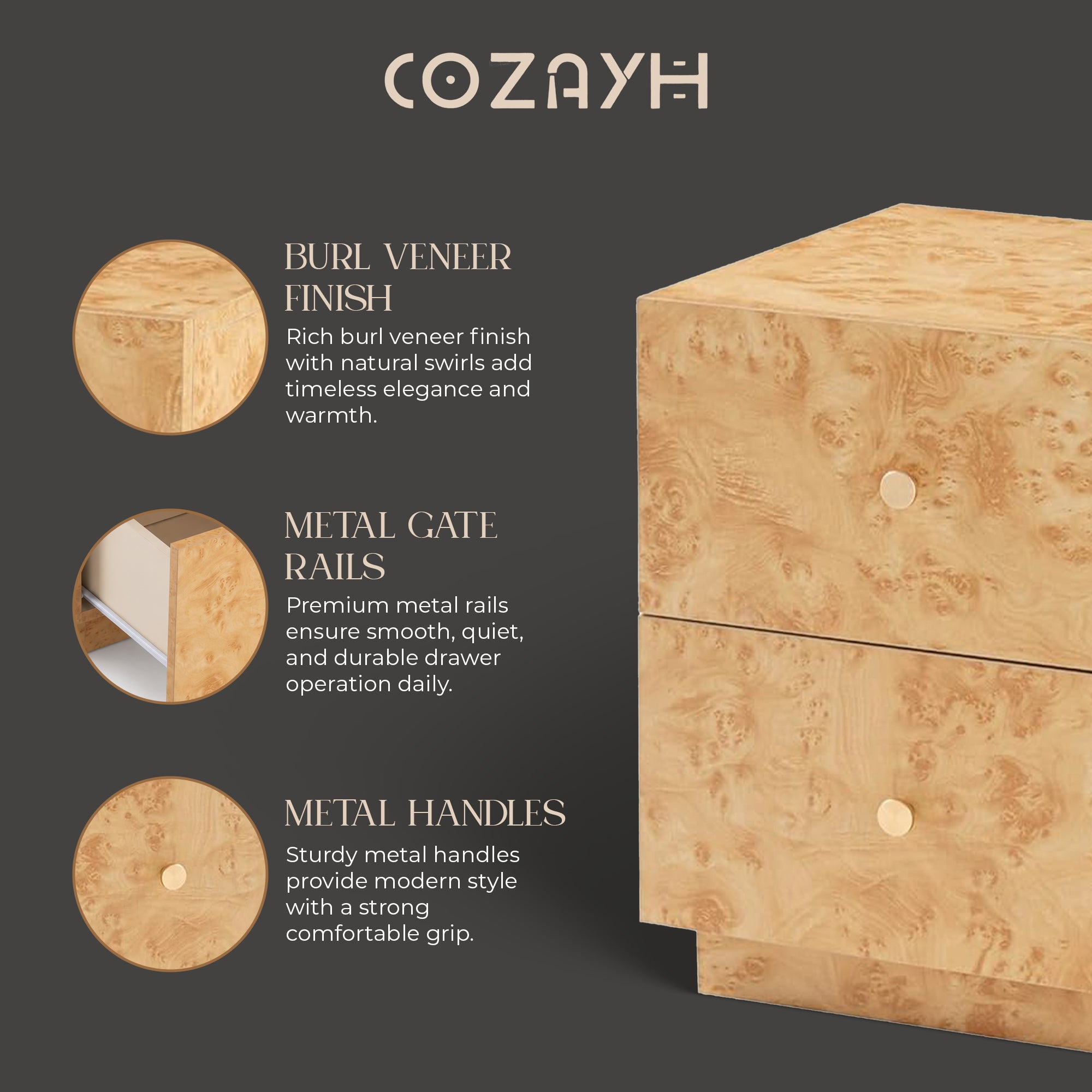 Aoikax Modern 2-Drawer Nightstand, Burl Finish Bedside Storage Table, (Open Box)