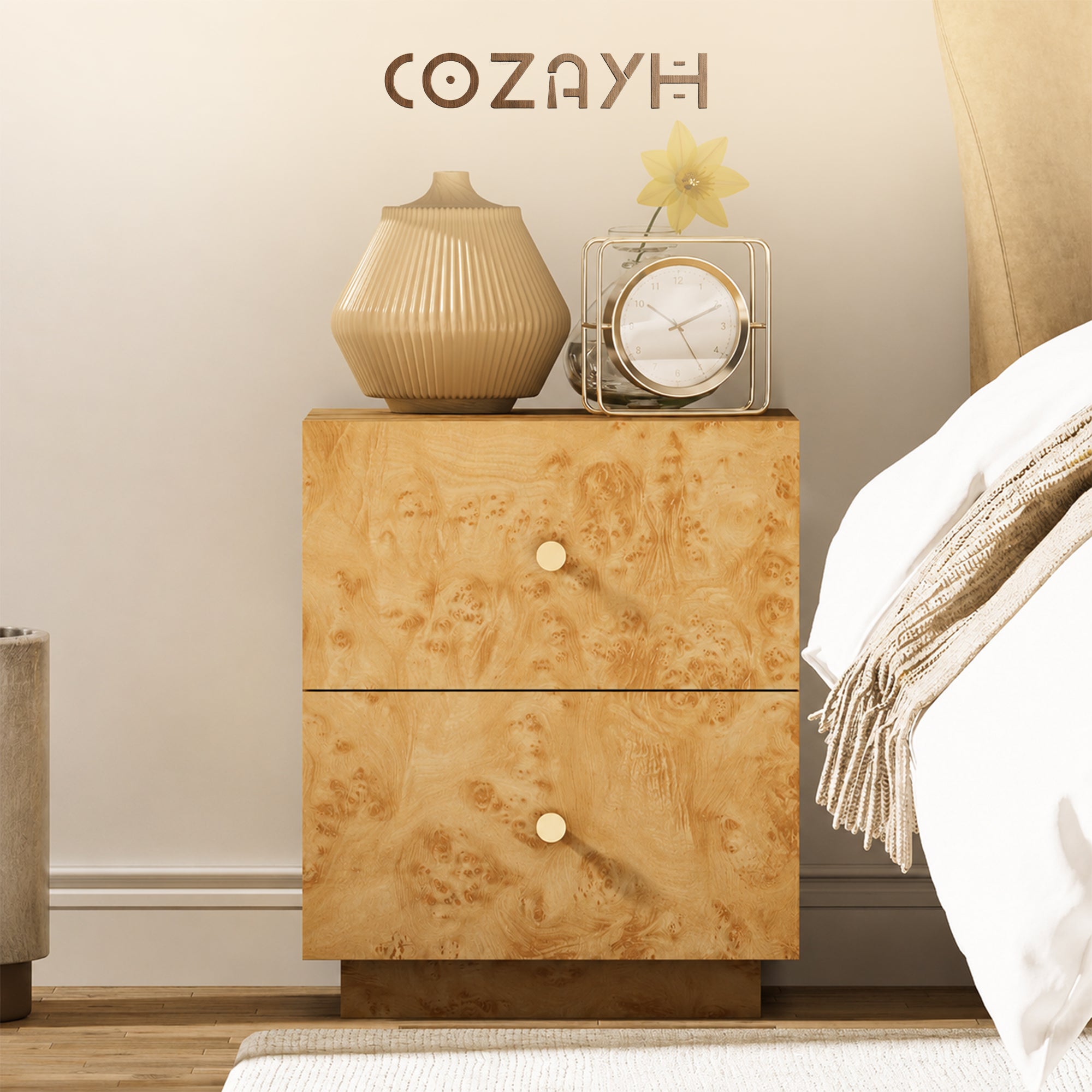 Aoikax Modern 2-Drawer Nightstand, Burl Finish Bedside Storage Table, (Open Box)