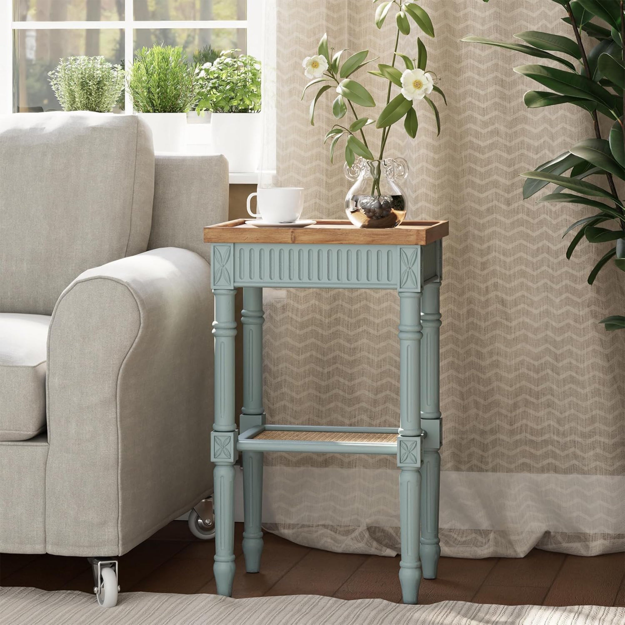 COZAYH French Country Accent End Table, Wood Tray Top Side Table, Pale Mint Blue
