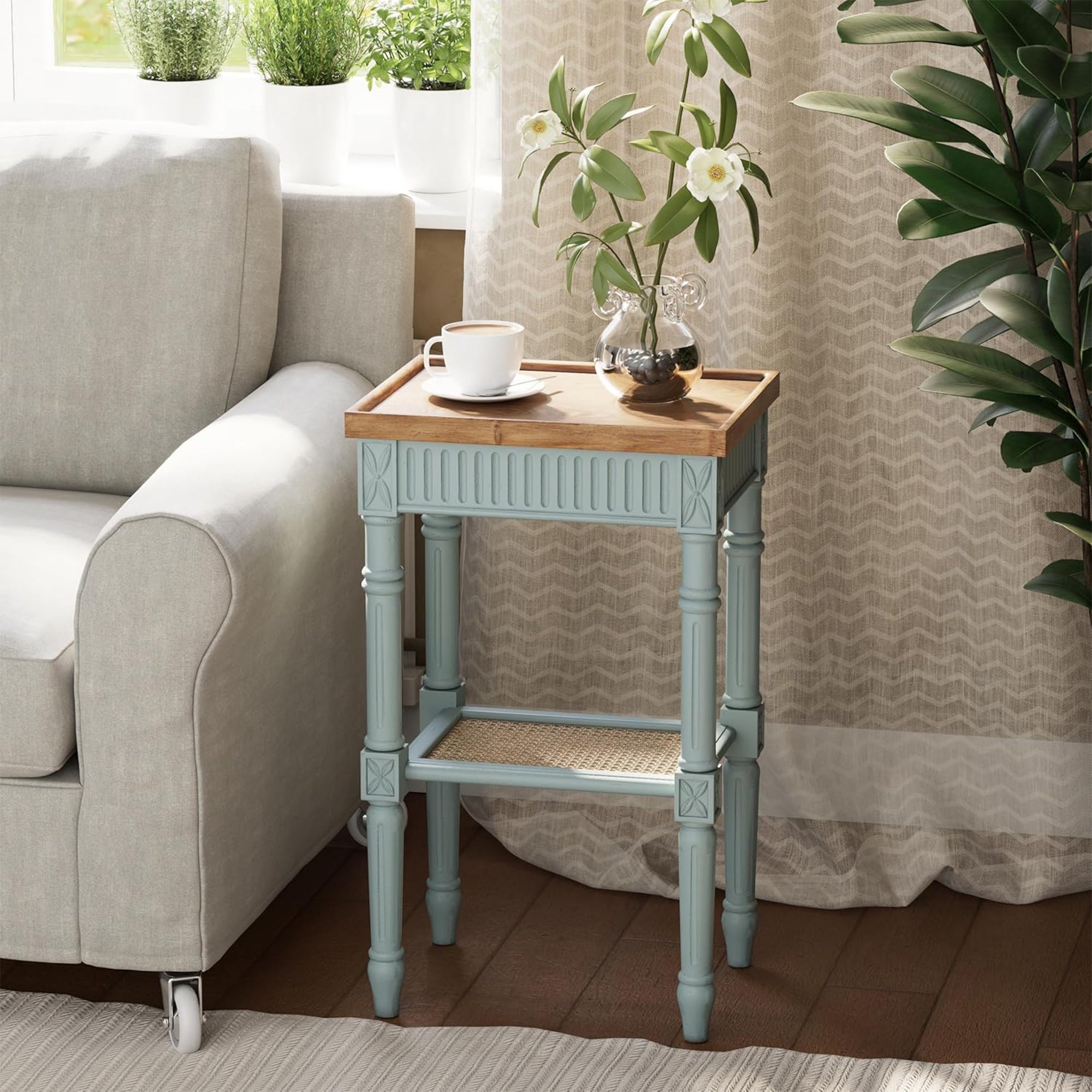COZAYH French Country Accent End Table, Wood Tray Top Side Table, Pale Mint Blue