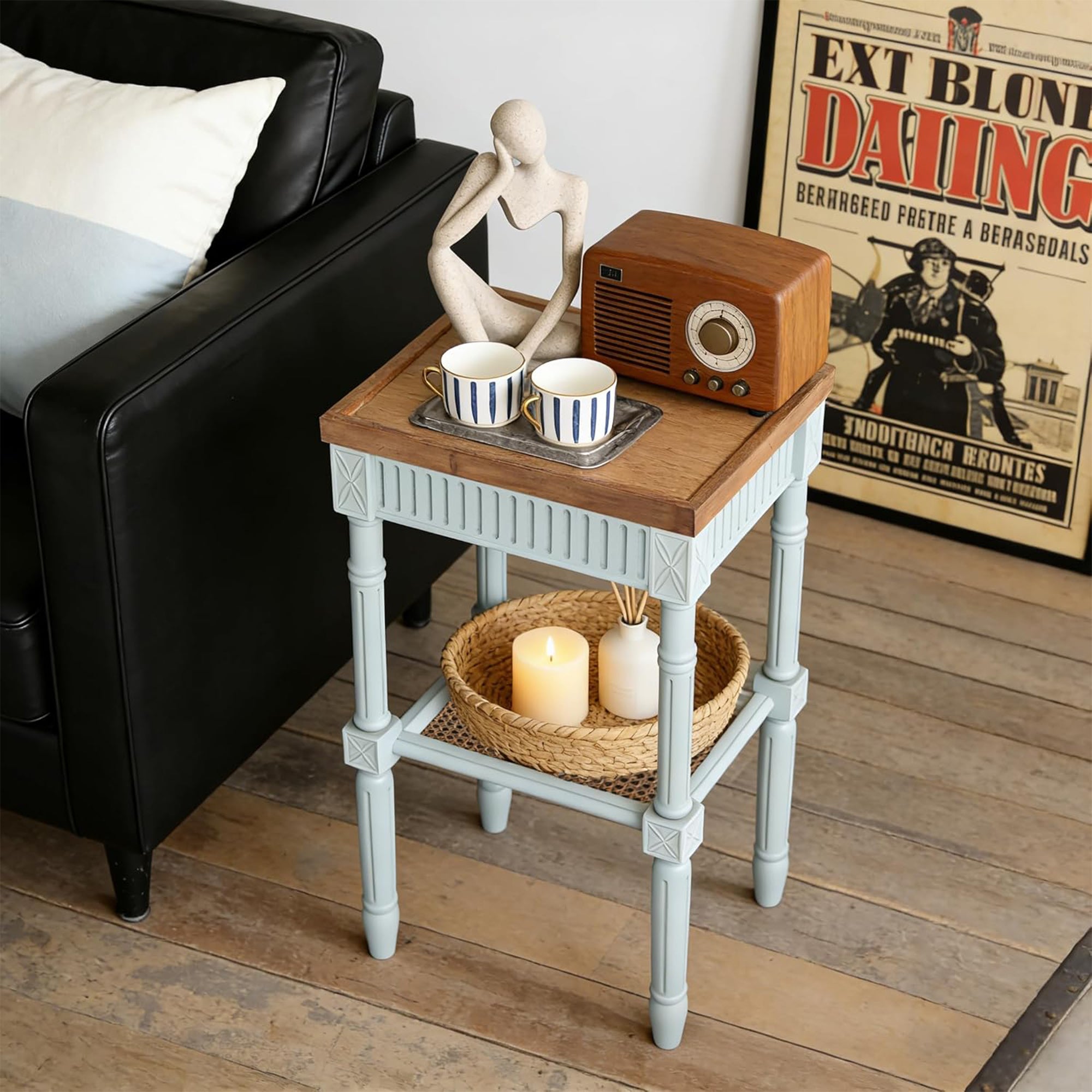 COZAYH French Country Accent End Table, Wood Tray Top Side Table, Pale Mint Blue