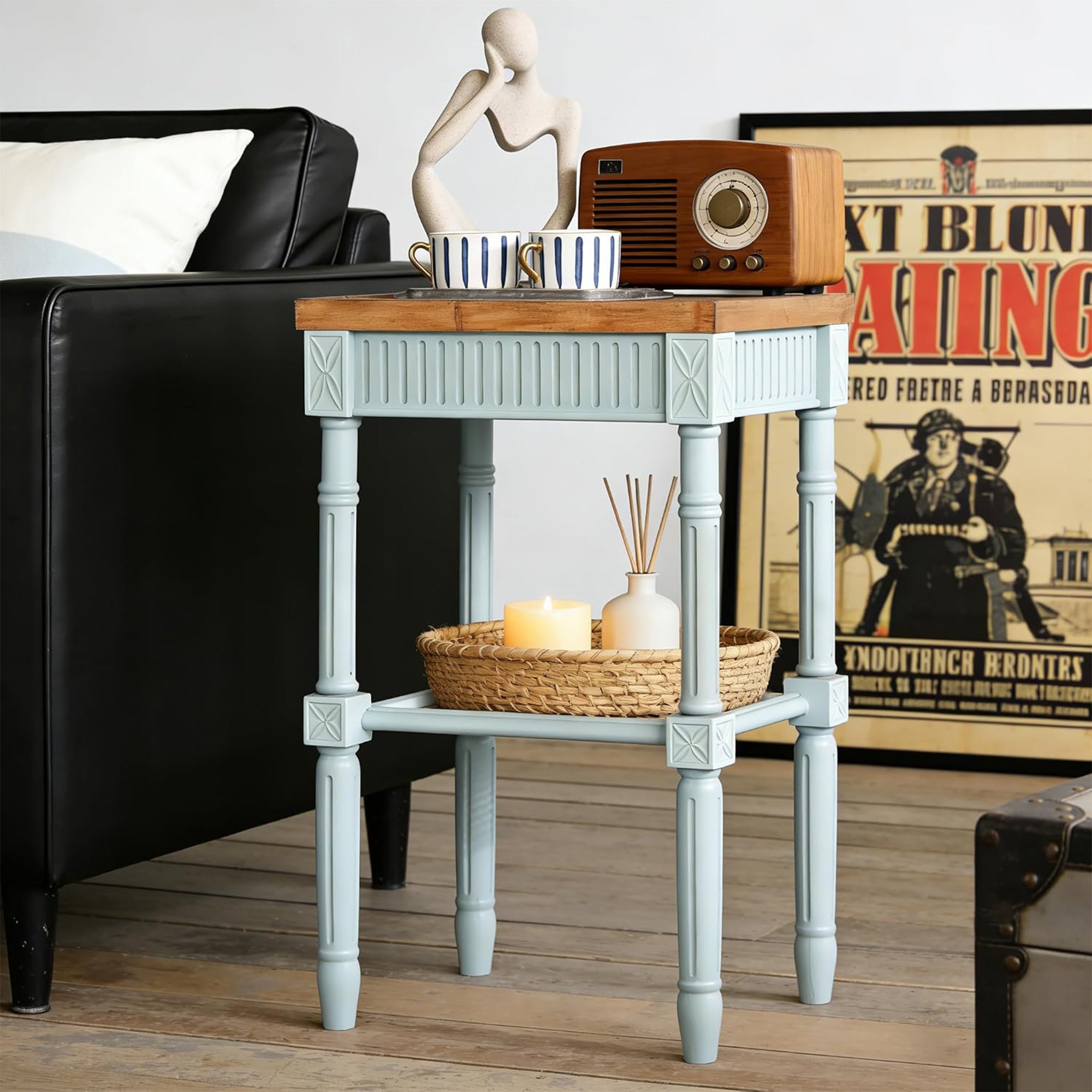 COZAYH French Country Accent End Table, Wood Tray Top Side Table, Pale Mint Blue