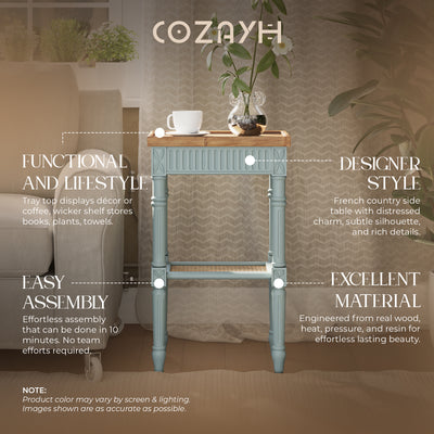 COZAYH French Country Accent End Table, Wood Tray Top Side Table, Pale Mint Blue