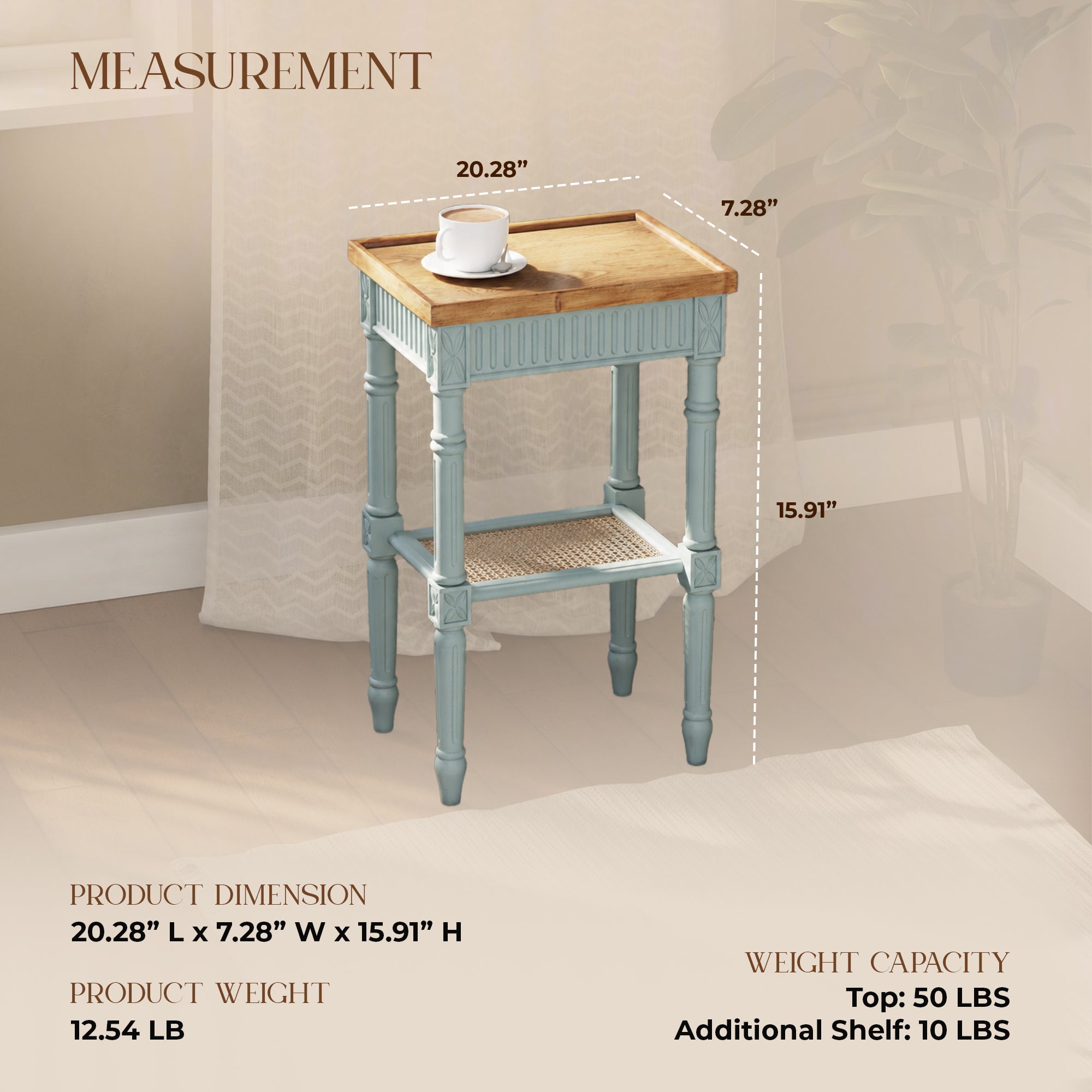 COZAYH French Country Accent End Table, Wood Tray Top Side Table, Pale Mint Blue