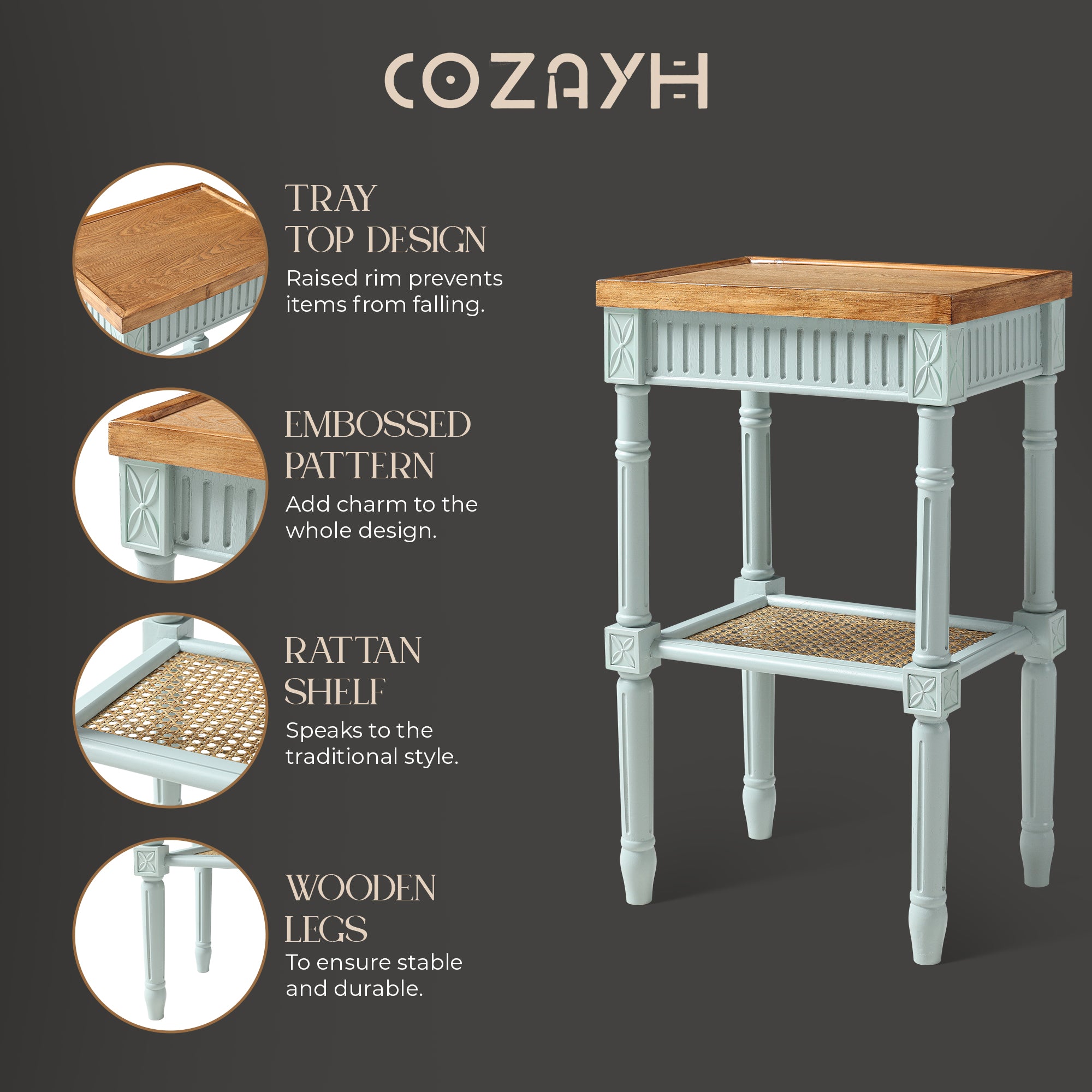 COZAYH French Country Accent End Table, Wood Tray Top Side Table, Pale Mint Blue