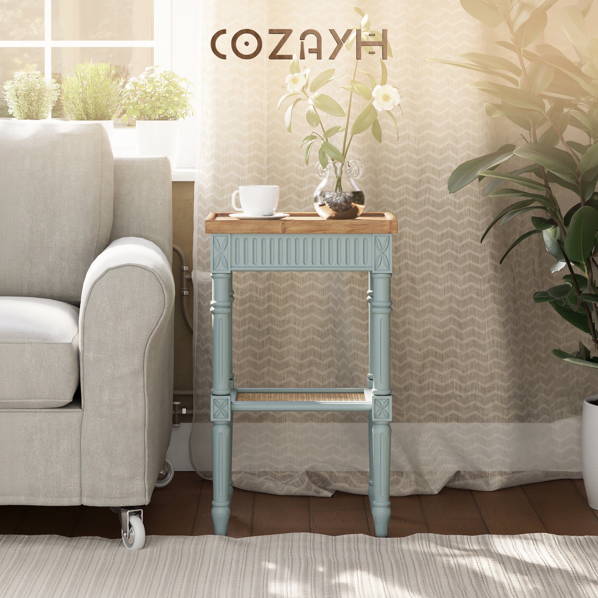 COZAYH French Country Accent End Table, Wood Tray Top Side Table, Pale Mint Blue