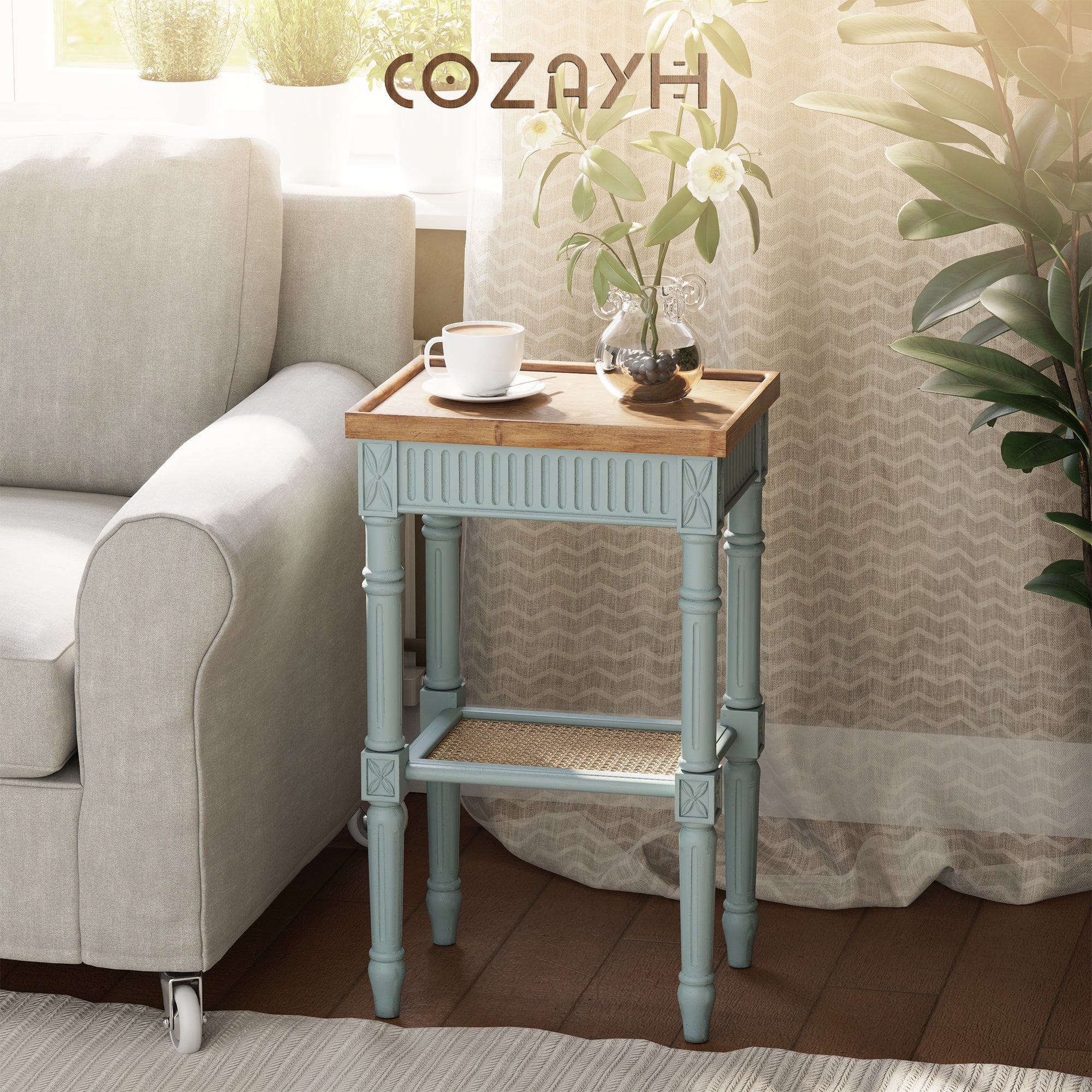 COZAYH French Country Accent End Table, Wood Tray Top Side Table, Pale Mint Blue