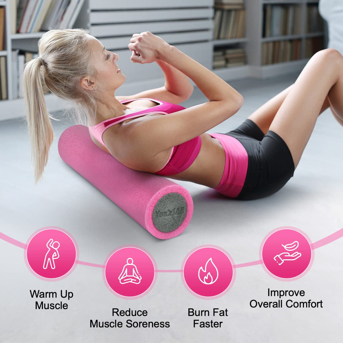 Yes4All Medium Firm 2-Layer Round PE Foam Roller for Yoga & Pilates, 18", Pink