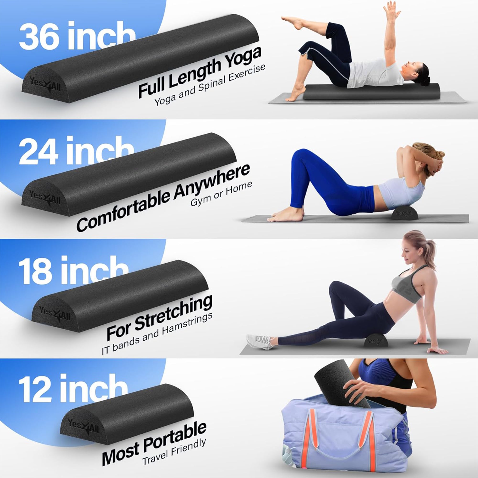 Yes4All Medium Firm Half Round Foam Roller for Massage & Exercise, (Open Box)