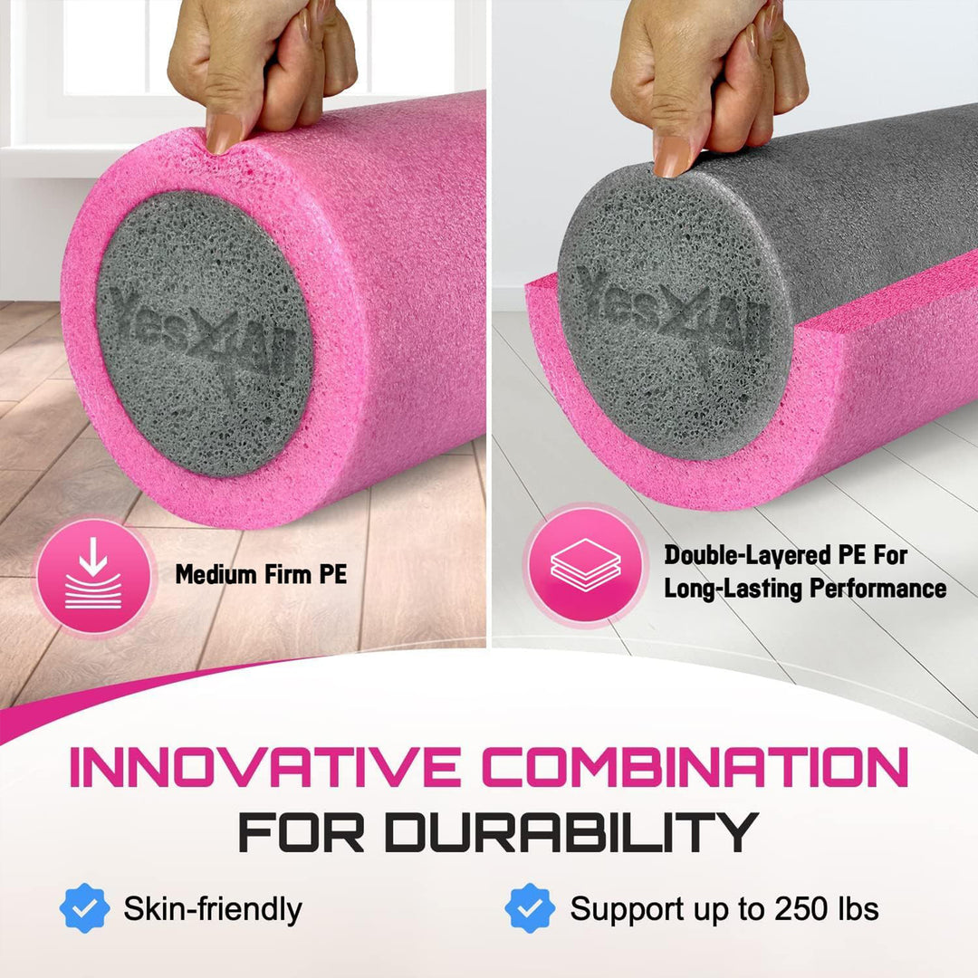 Yes4All Medium Firm 2-Layer Round PE Foam Roller for Yoga & Pilates, 24", Pink - VMInnovations