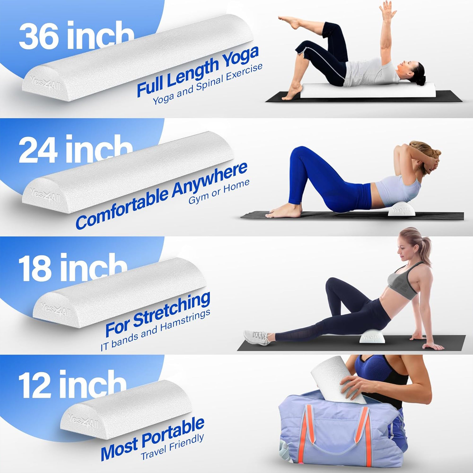Yes4All Medium Firm Half Round Foam Roller for Massage & Exercise, 36"(Open Box) - VMInnovations