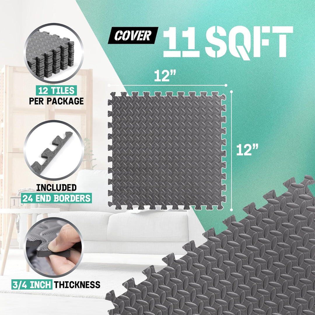 Yes4All Interlocking Foam Exercise Mat, 3/4" Thick, 12"x12", 11 Sq Ft, Grey - VMInnovations