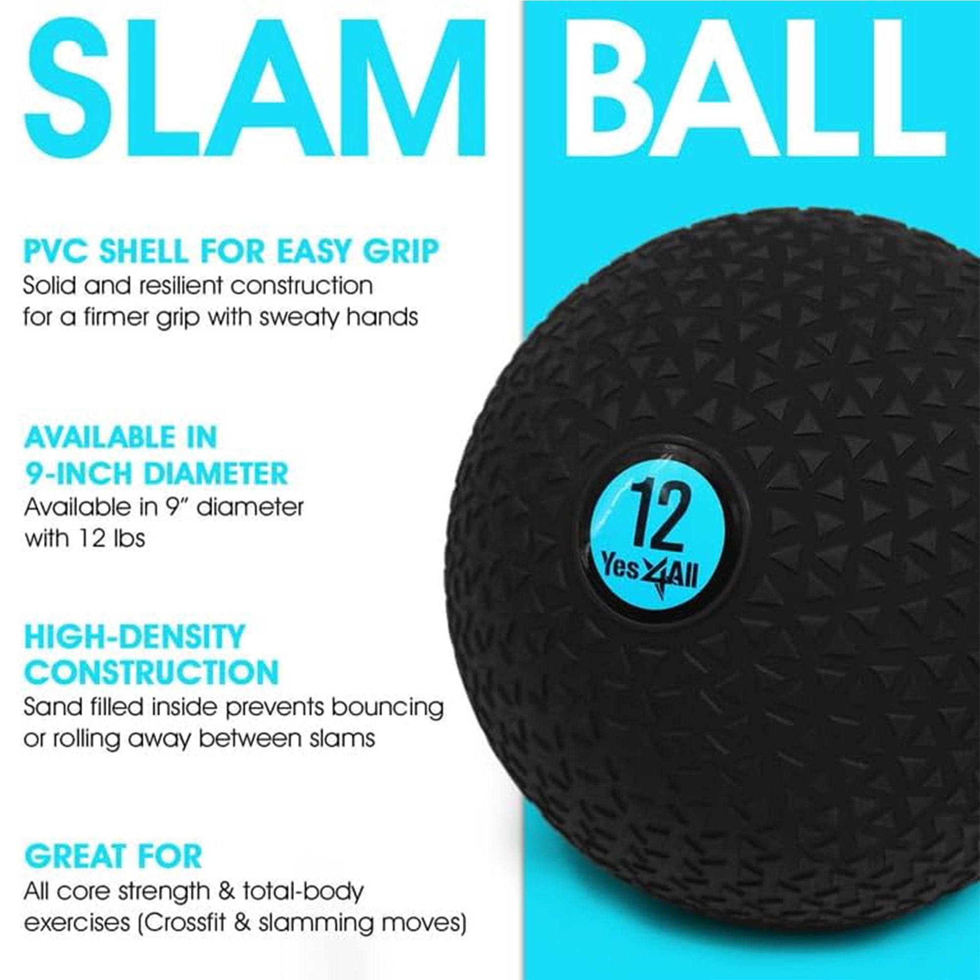 Yes4All 12Lb Slam Ball, Durable Sand Filled Workout Weight Ball,Black (Triangle) - VMInnovations