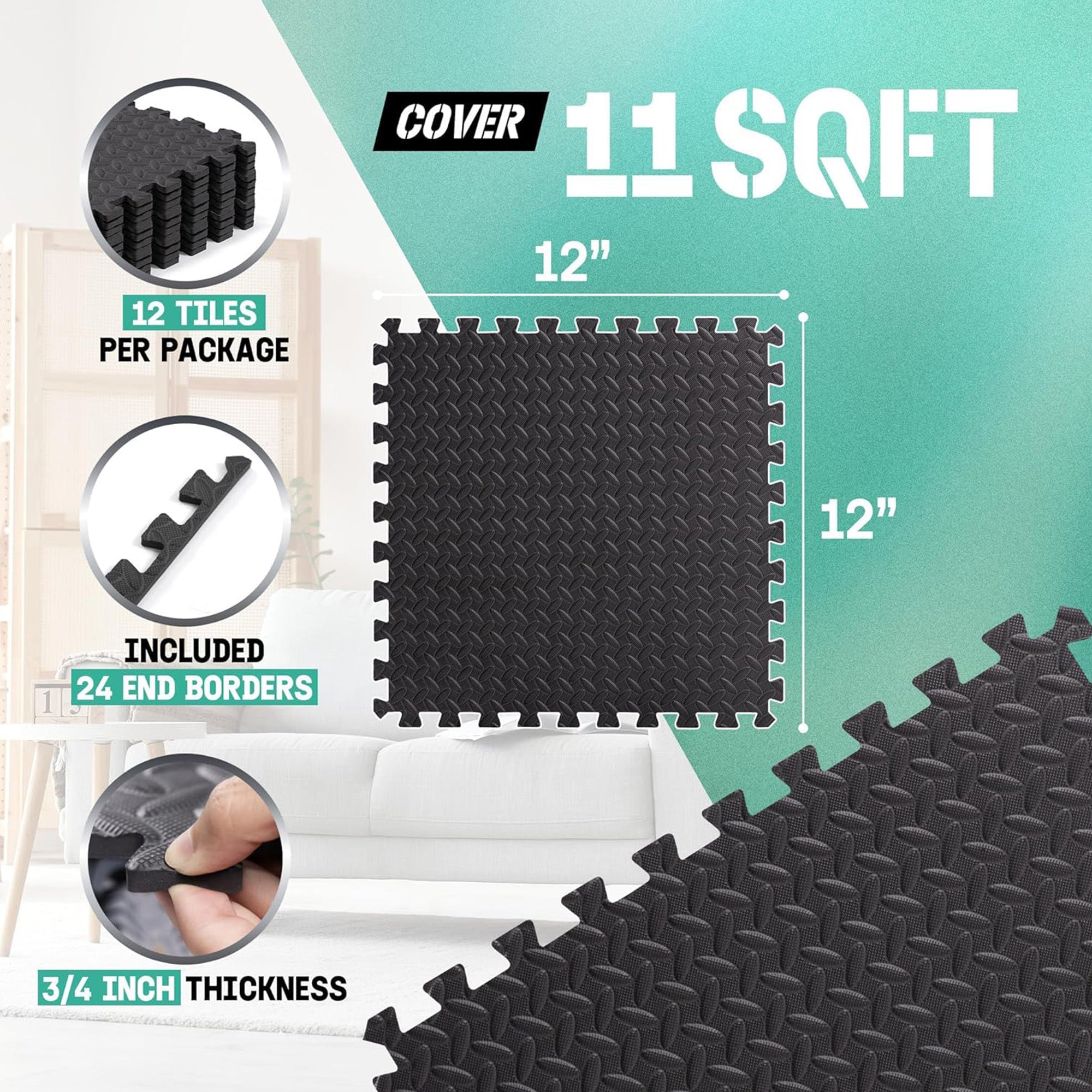 Yes4All Interlocking Foam Exercise Mat, 3/4" Thick, 12"x12", 11 Sq Ft (Open Box)