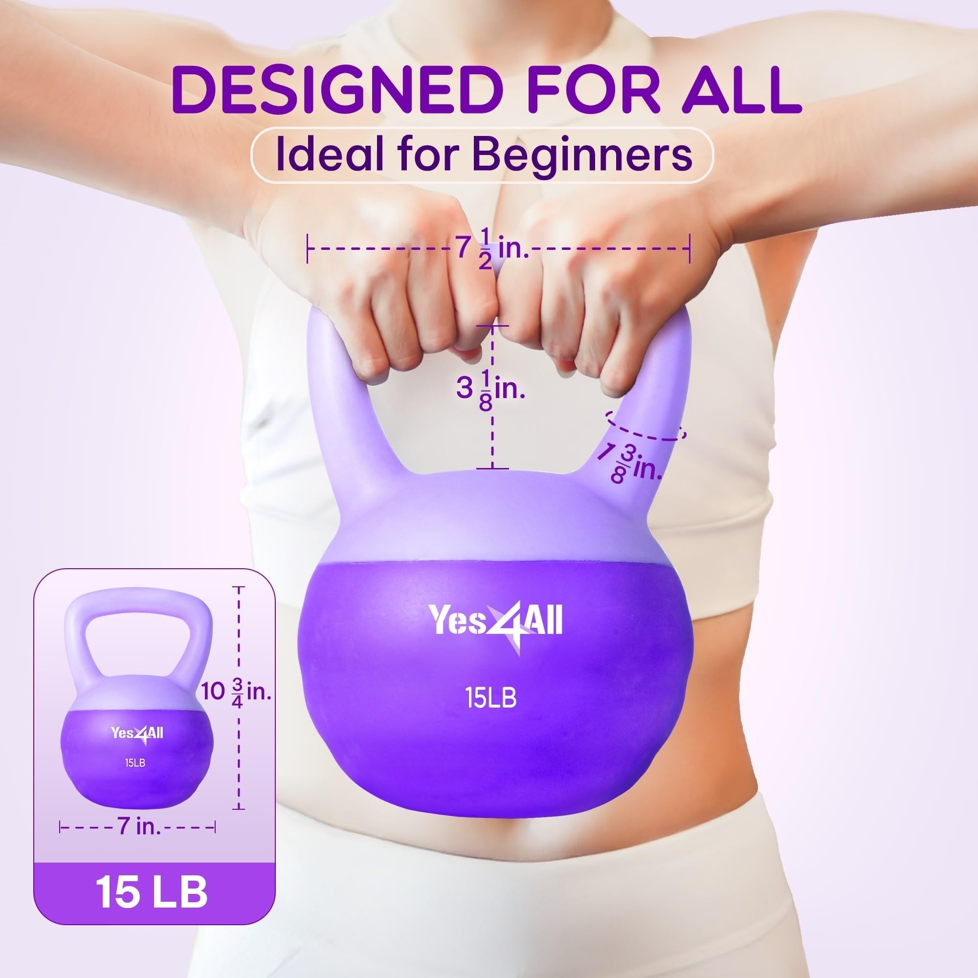 Yes4All 15 Pound Kettlebell, Single Soft Vinyl Home Gym Hand Weight, Purple - VMInnovations