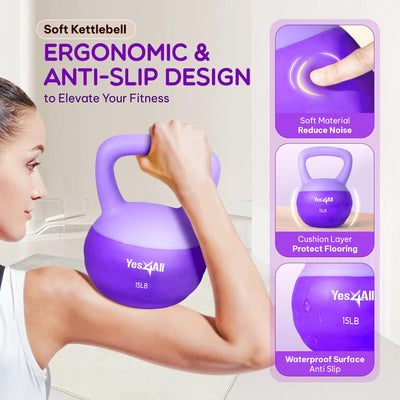 Yes4All 15 Pound Kettlebell, Single Soft Vinyl Home Gym Hand Weight, Purple - VMInnovations