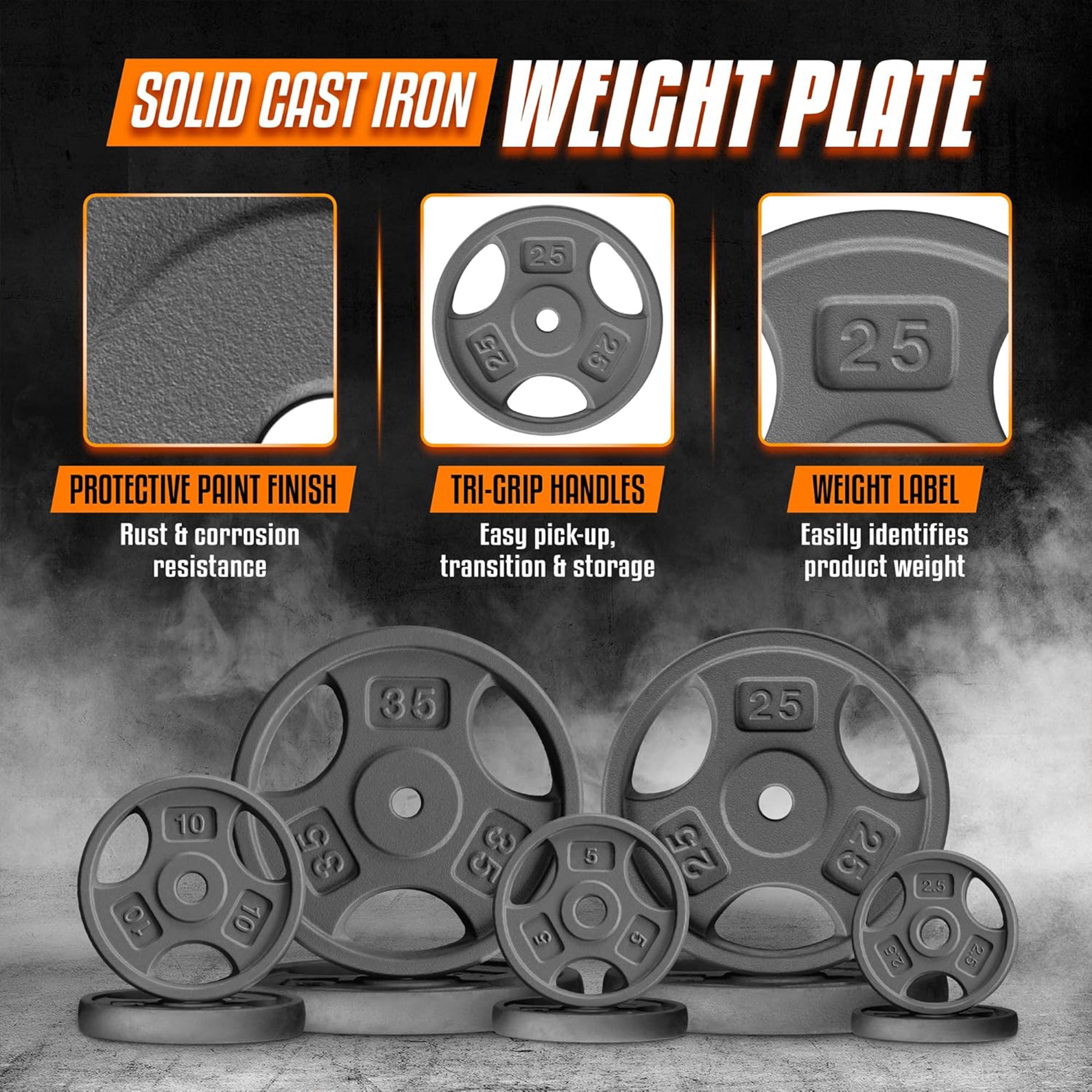 Yes4All Single Cast Iron Weight Plate with 1" Hole & Tri-Grip Handles (Open Box)