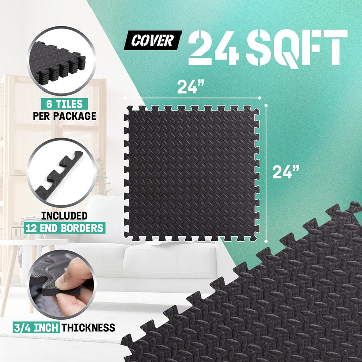 Yes4All Interlocking Foam Exercise Mat, 3/4" Thick, 24"x24", 24 Sq Ft, Black - VMInnovations