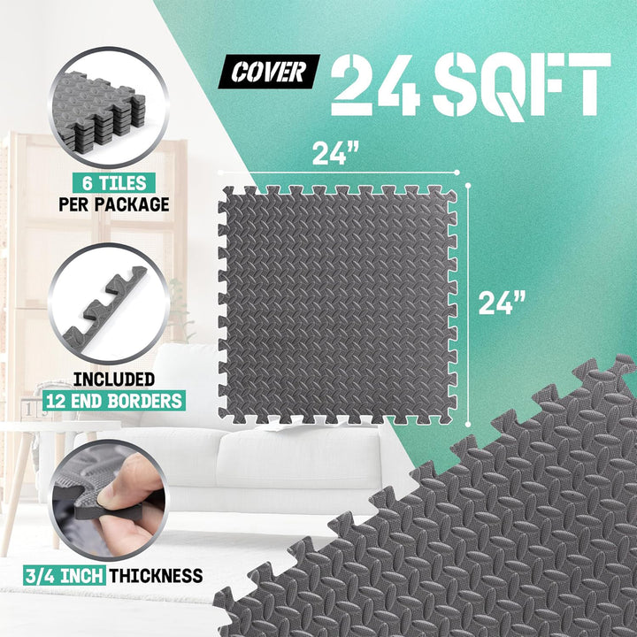 Yes4All Interlocking Foam Exercise Mat, 3/4" Thick, 24"x24", 24 Sq Ft, Grey - VMInnovations