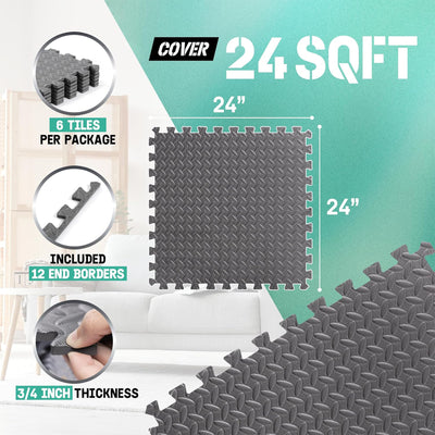 Yes4All Interlocking Foam Exercise Mat, 3/4" Thick, 24"x24", Grey (Open Box)