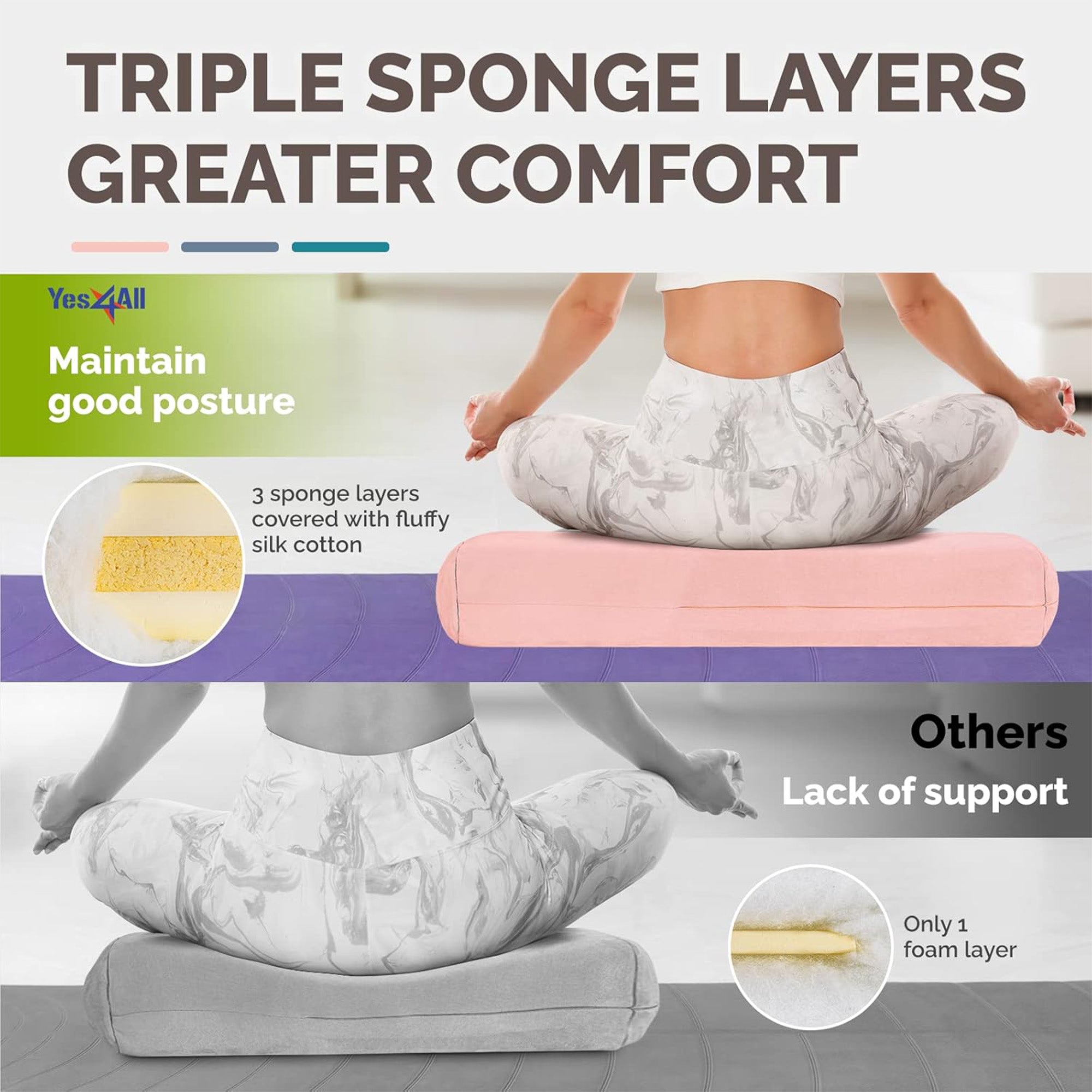 Yes4All Triple-Layer Sponge Bolster Pillow with Memory Foam for Yoga, (Used)
