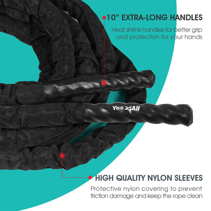 Yes4All 30' Battle Rope, 1.5" Thick Rope for Gym Cross-Training, w/ Cover, Black