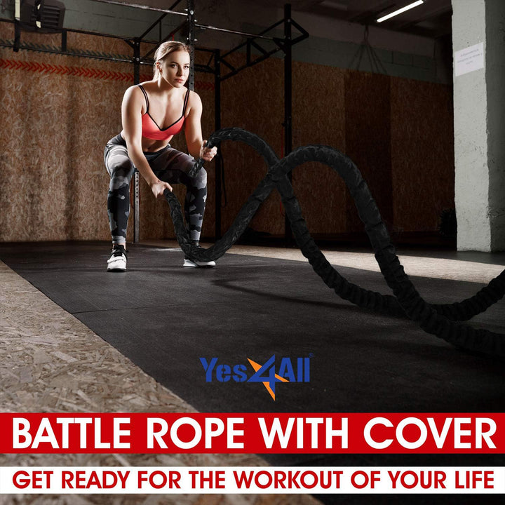 Yes4All 30' Battle Rope, 1.5" Thick Rope for Gym Cross-Training, w/ Cover, Black