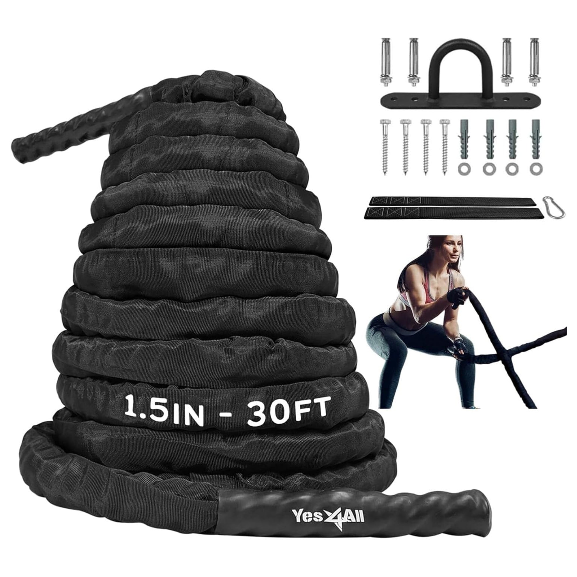 Yes4All 30' Battle Rope, 1.5" Thick Rope for Gym Cross-Training, w/ Cover, Black - VMInnovations