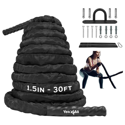 Yes4All 30' Battle Rope, 1.5" Thick Rope for Gym Cross-Training, w/ Cover, Black - VMInnovations