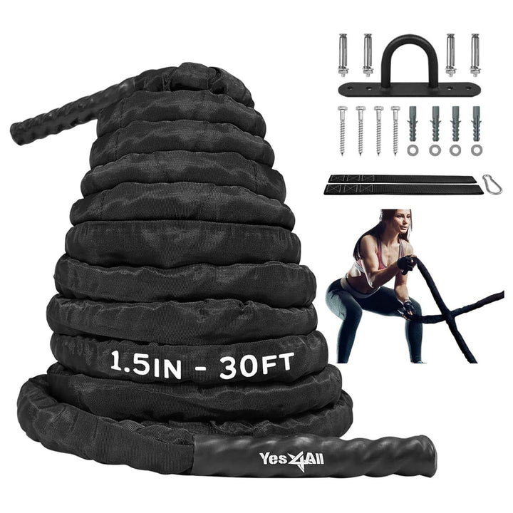 Yes4All 30' Battle Rope, 1.5" Thick Rope for Gym Cross-Training, w/ Cover, Black