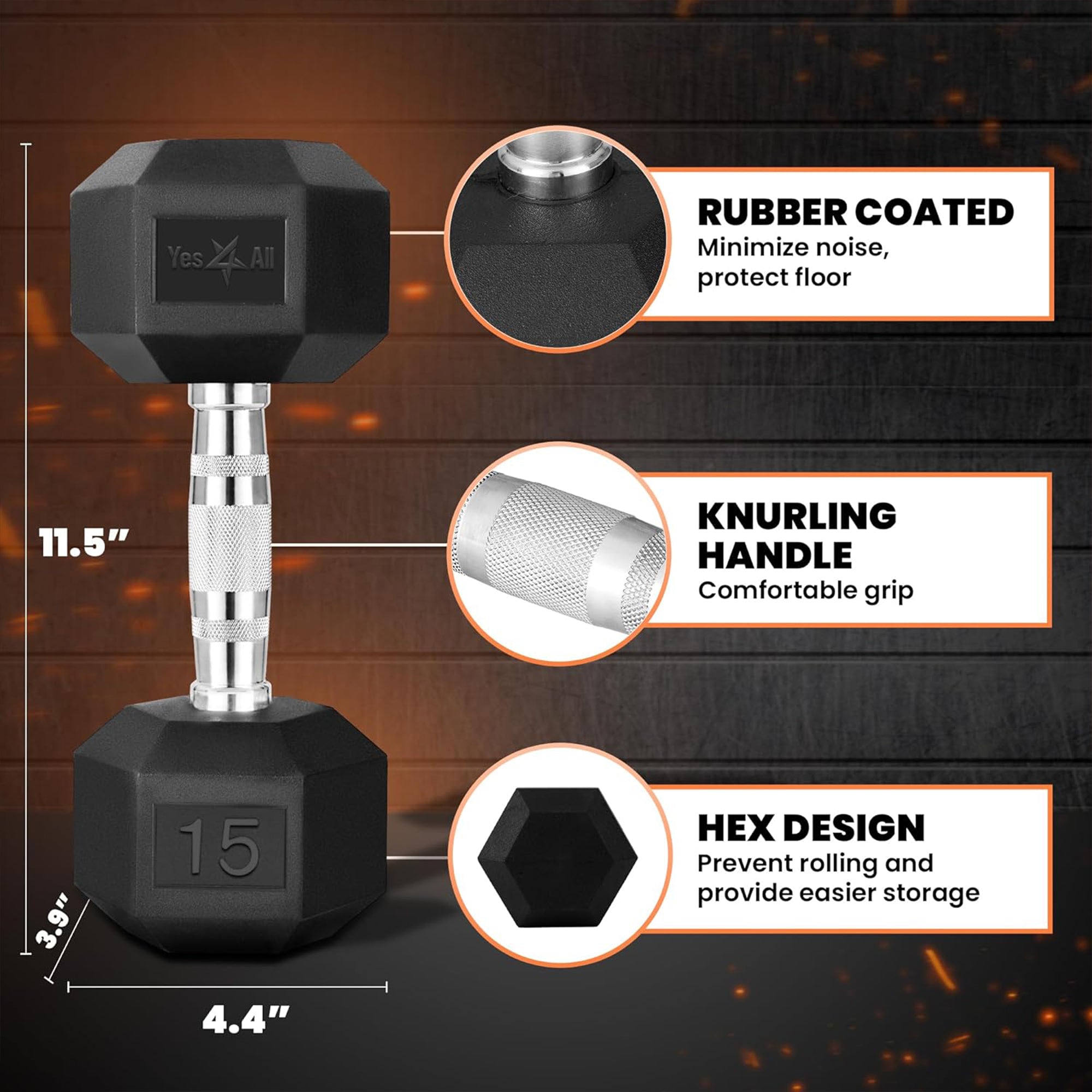 Yes4All 15lb Hex Dumbbells, 1 Pair Rubber Coated Cast Iron Weights for Home Gym - VMInnovations