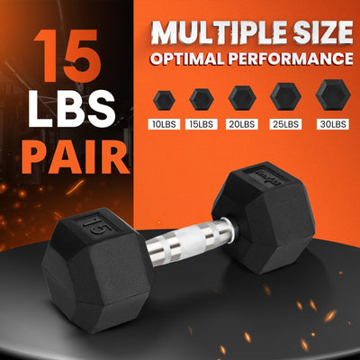 Yes4All 15lb Hex Dumbbells, 1 Pair Rubber Coated Cast Iron Weights for Home Gym - VMInnovations