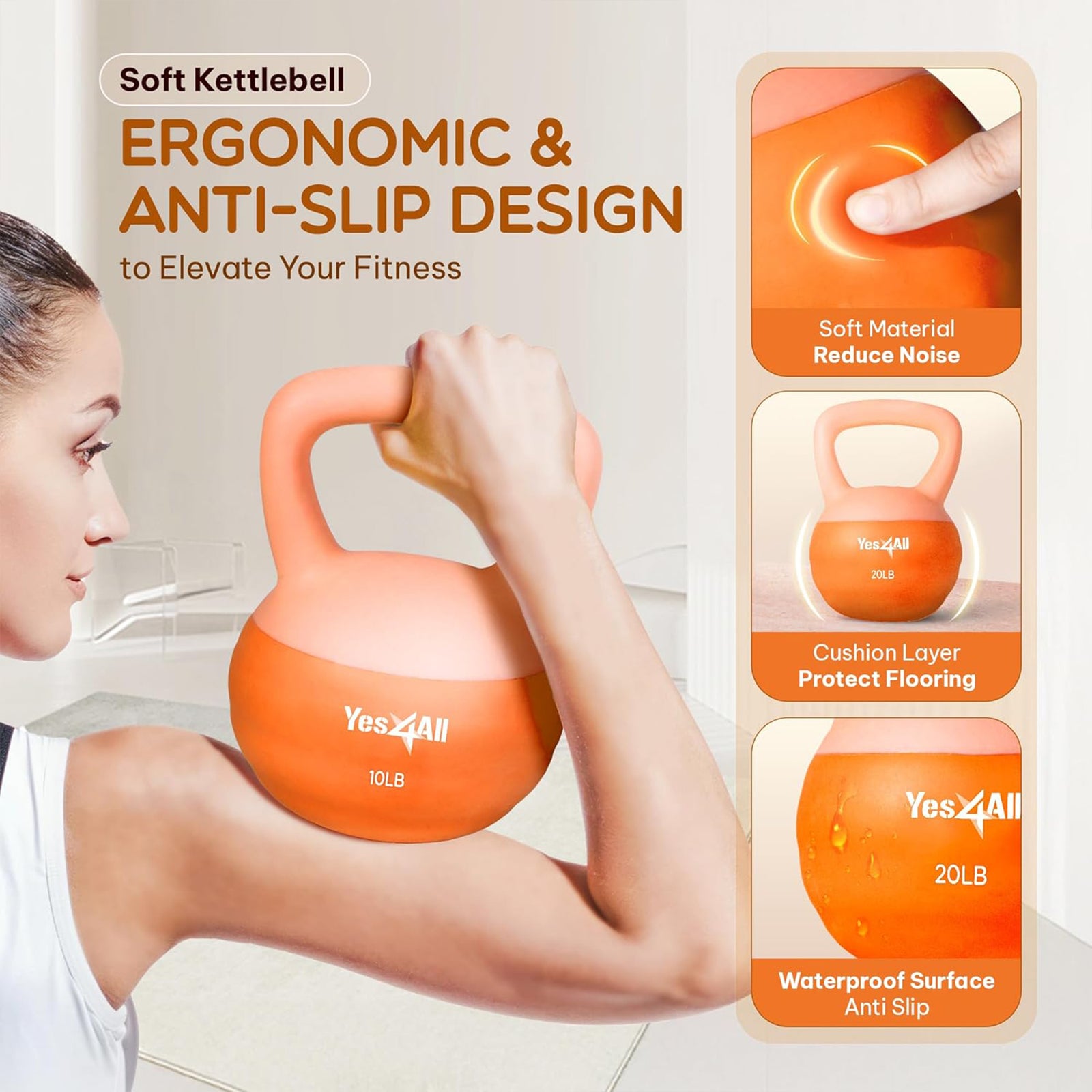 Yes4All 20 Pound Kettlebell, Single Soft Vinyl Home Gym Weight, Peach Fuzz - VMInnovations