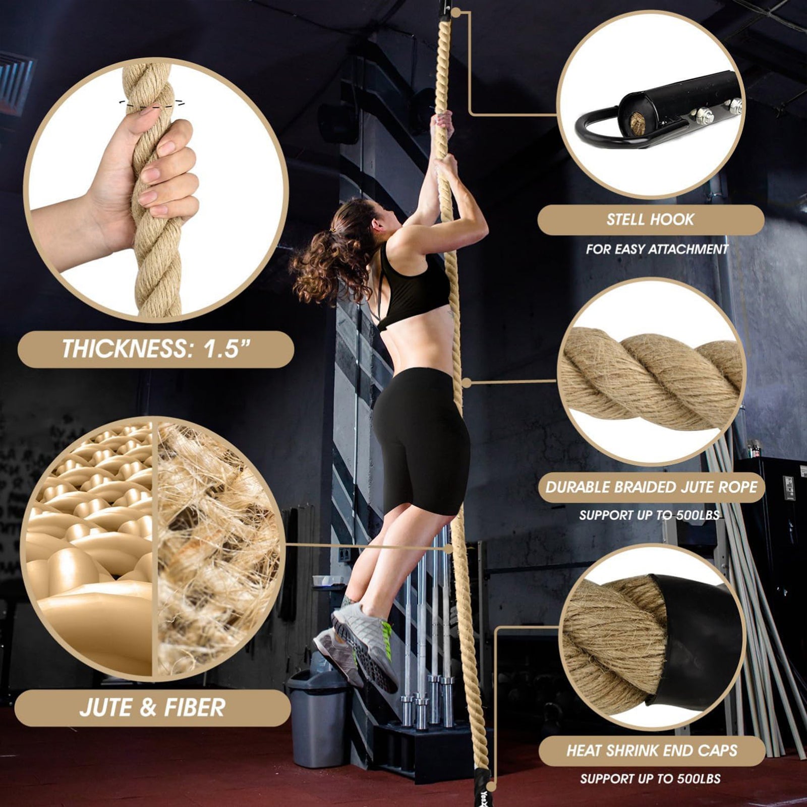 Yes4All Gym Climbing Rope for Fitness, Strength Training and Exercises, 20 Feet - VMInnovations