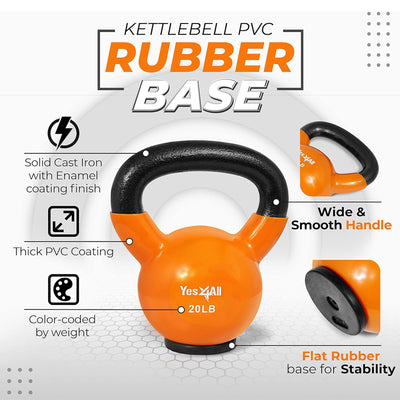 Yes4All 20lbs Kettlebell, Vinyl Coated Cast Iron Weight w/Rubber Base,(Open Box)