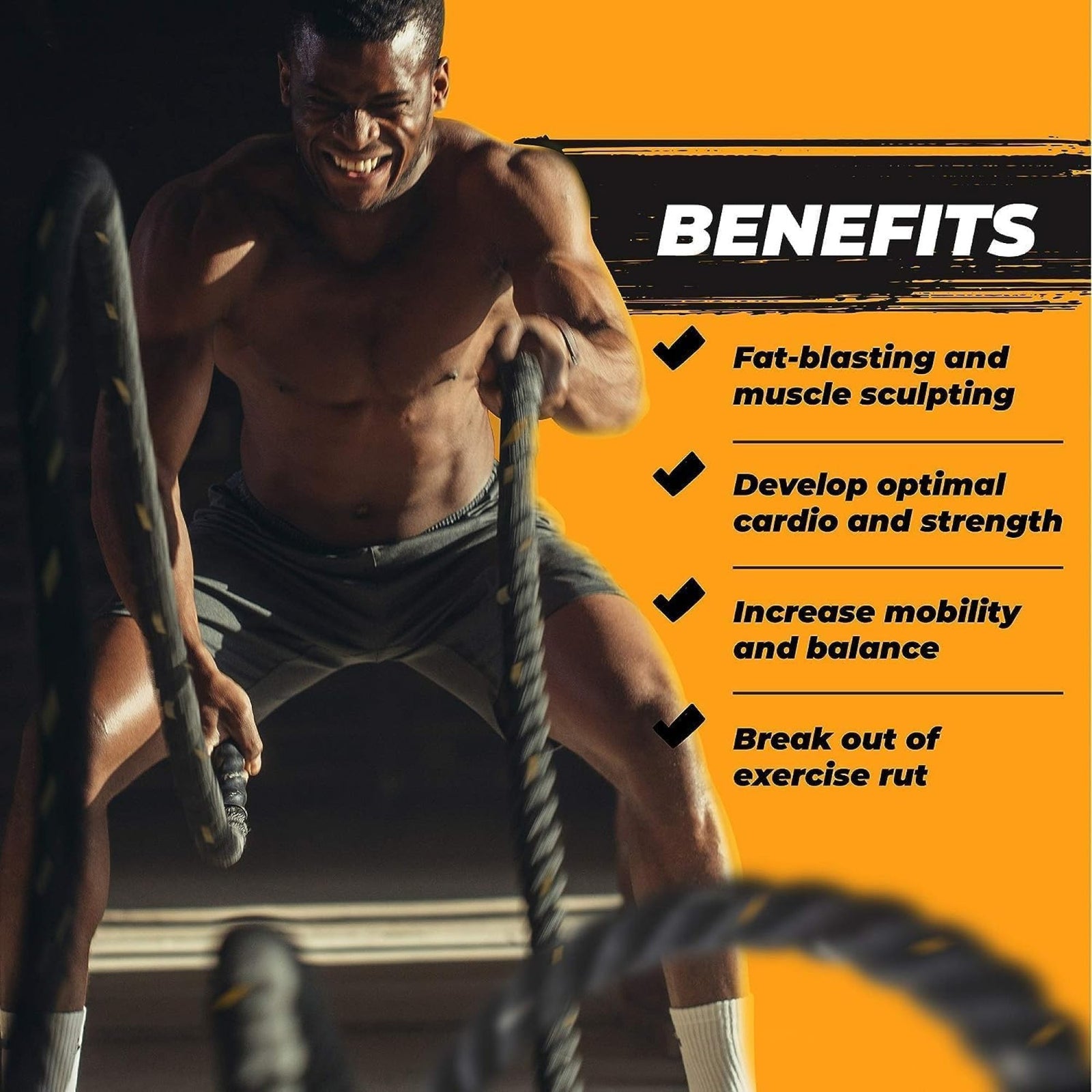 Yes4All 40' Battle Rope, 1.5" Thick for Home Gym Cross-Training, No Cover, Black - VMInnovations