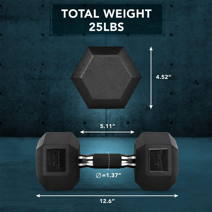 Yes4All Cast Iron Hex Dumbbell with Rubber Grip and PVC Coating, 25 Pounds
