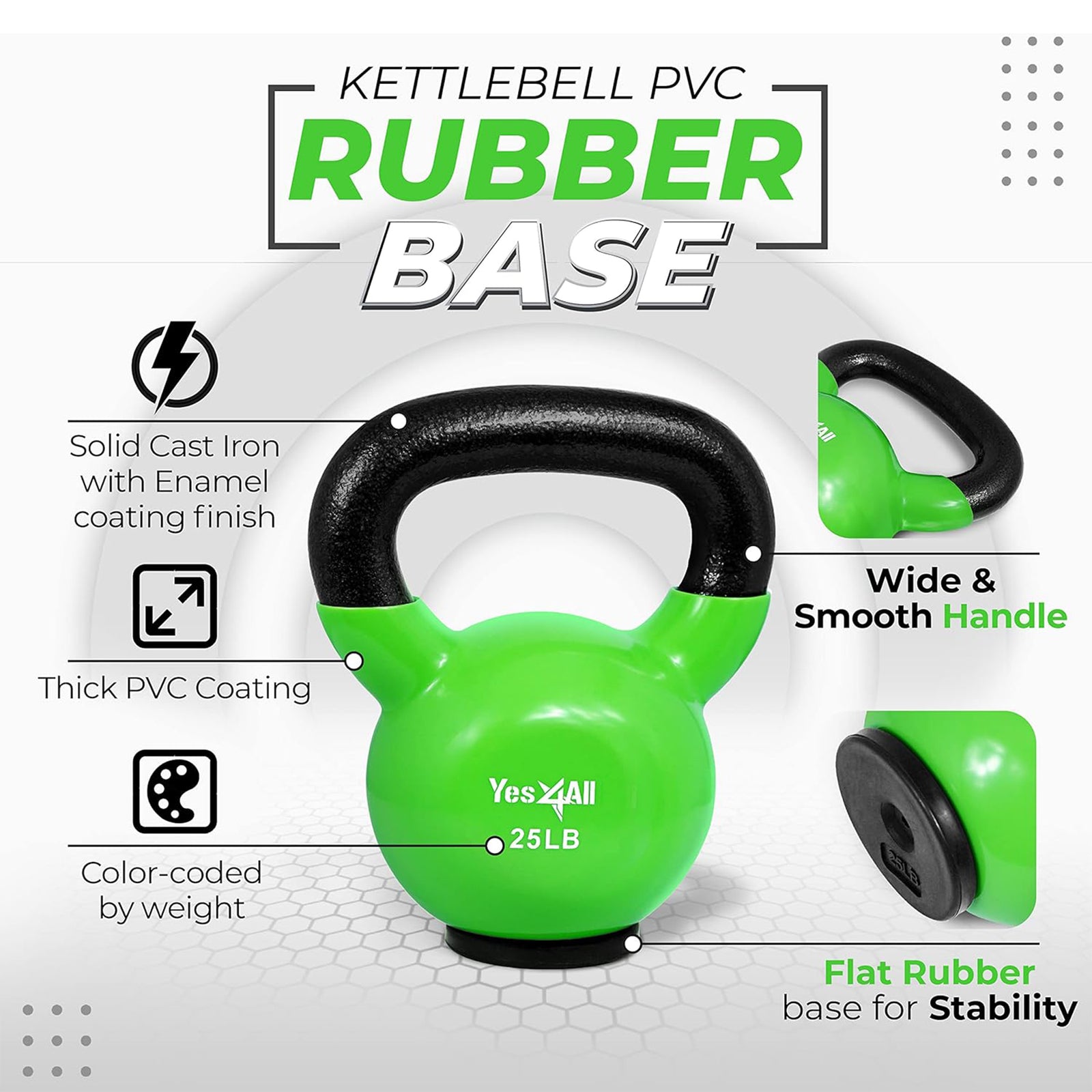 Yes4All 25 Pound Kettlebell, Vinyl Coated Cast Iron Weight w/Rubber Base, Green - VMInnovations