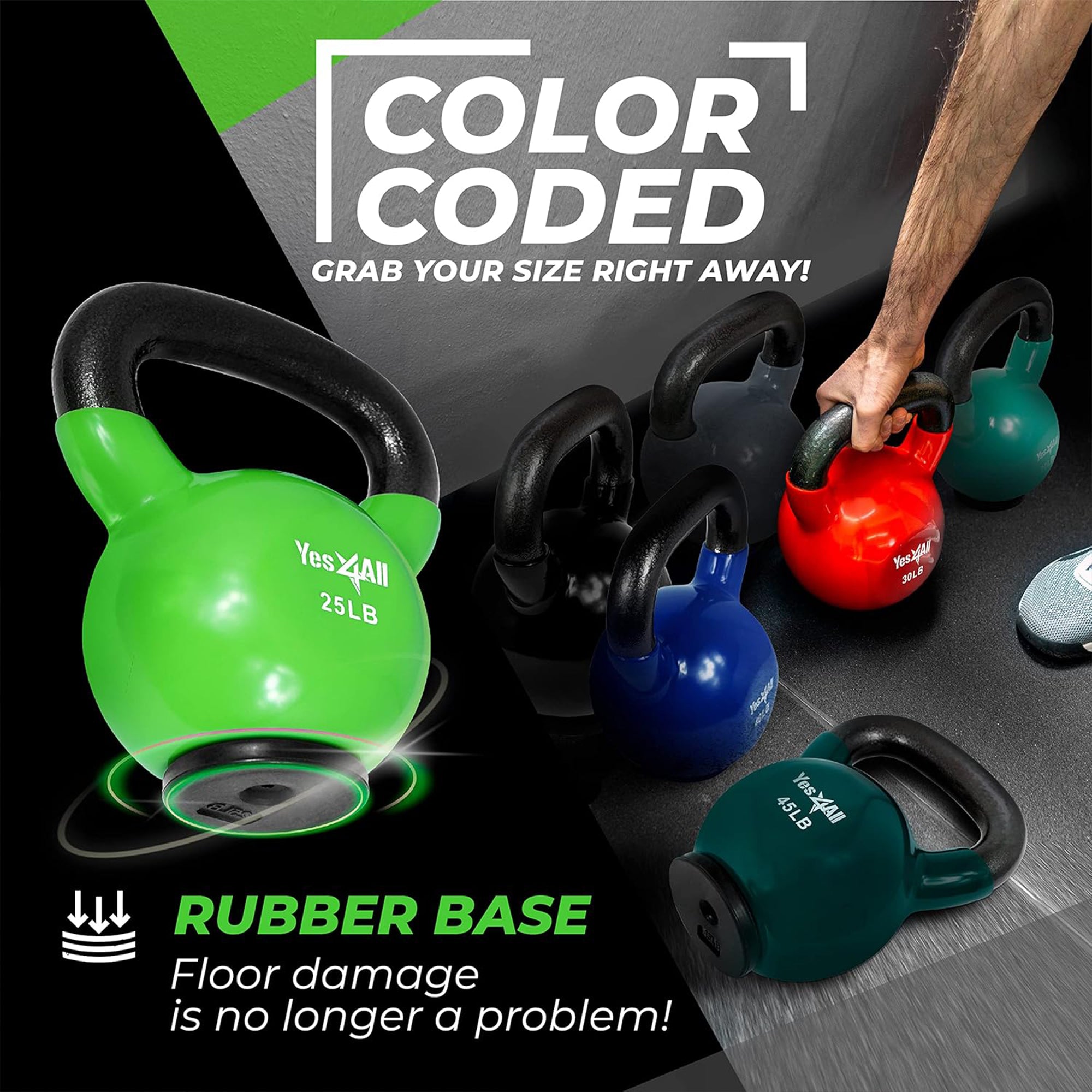 Yes4All 25 Pound Kettlebell, Vinyl Coated Cast Iron Weight w/Rubber Base, Green - VMInnovations