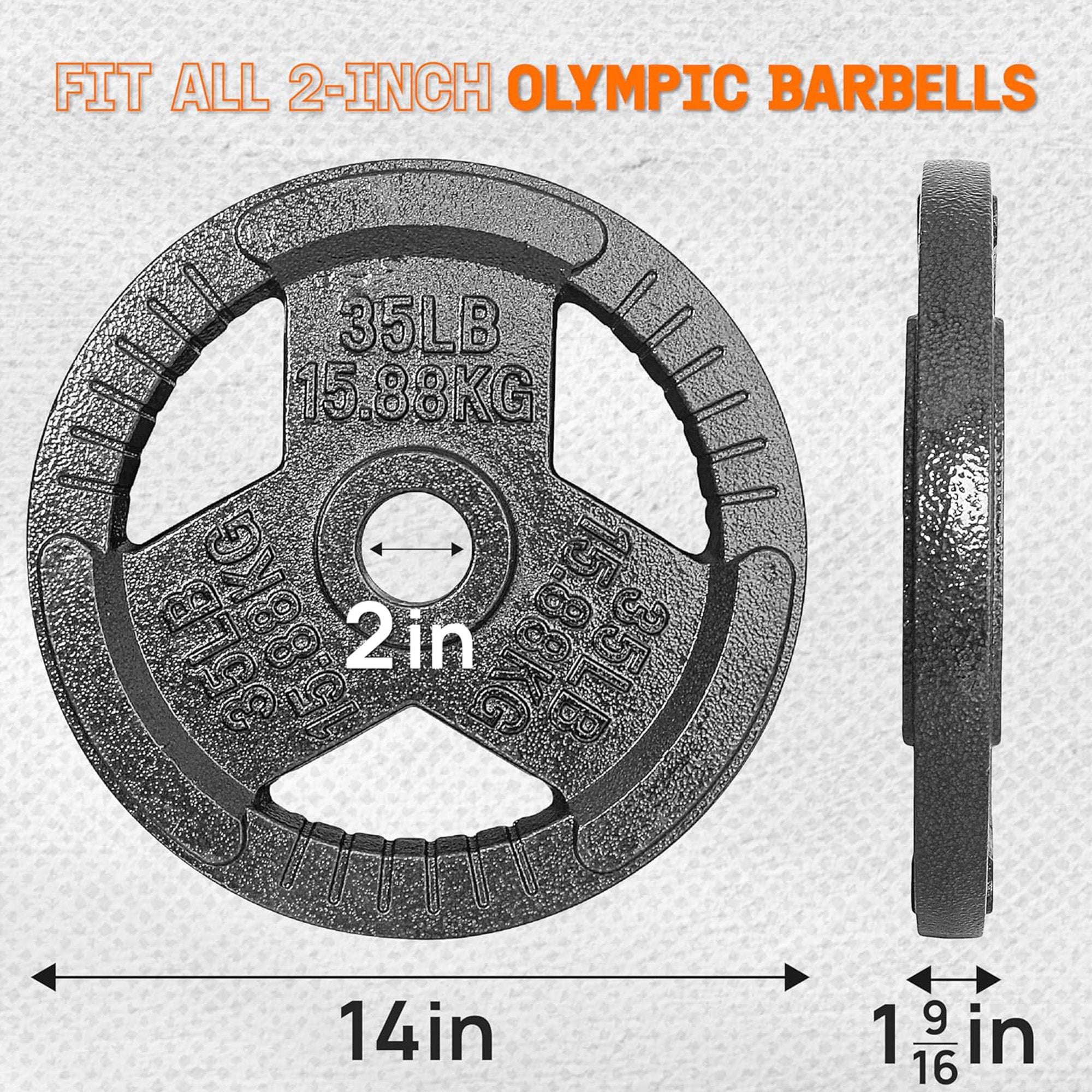 Yes4All Single Cast Iron Olympic Weight Plate with Tri-Grip Handles, (Open Box)
