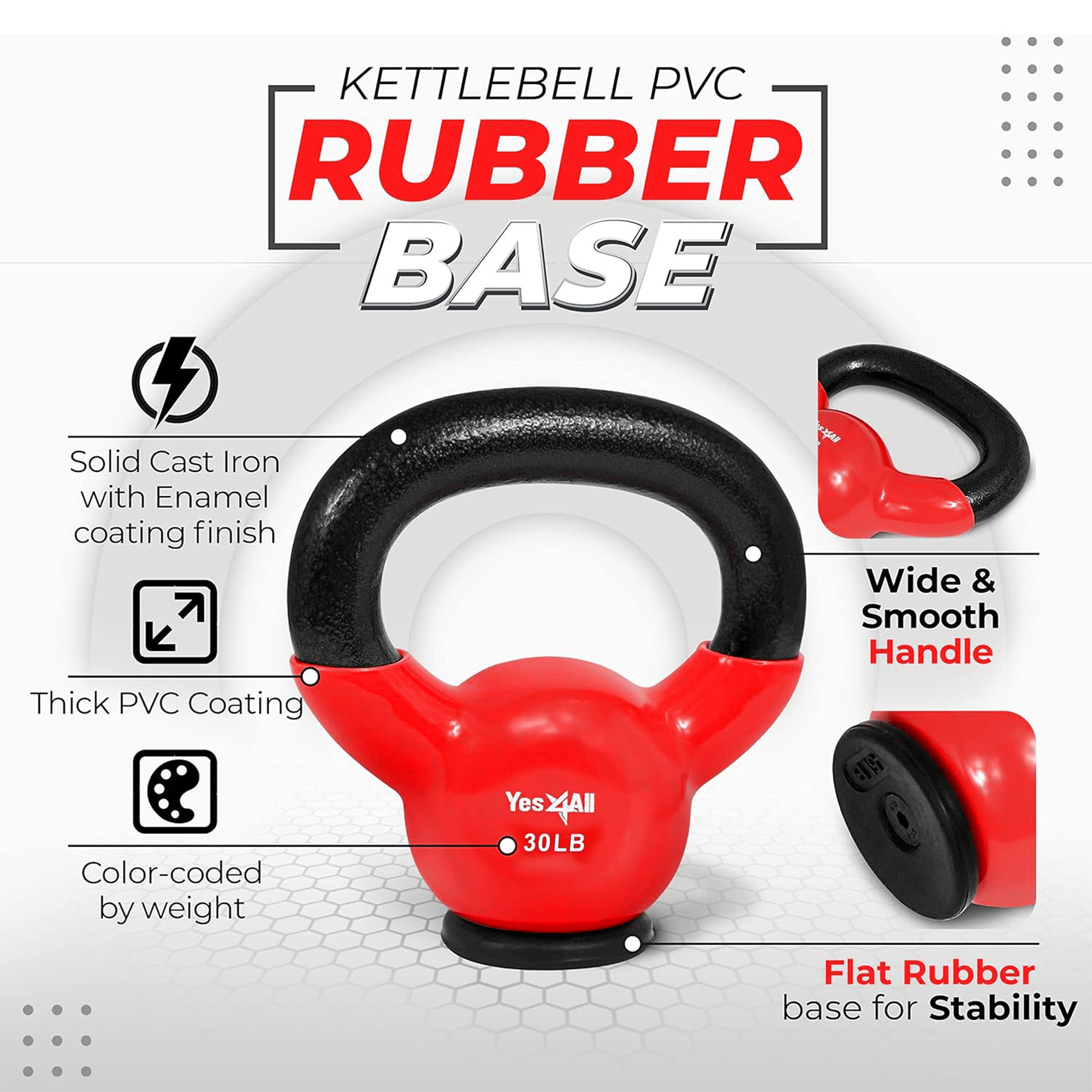 Yes4All 30 Pound Kettlebell, Vinyl Coated Cast Iron Weight w/Rubber Base, Red (Open Box)