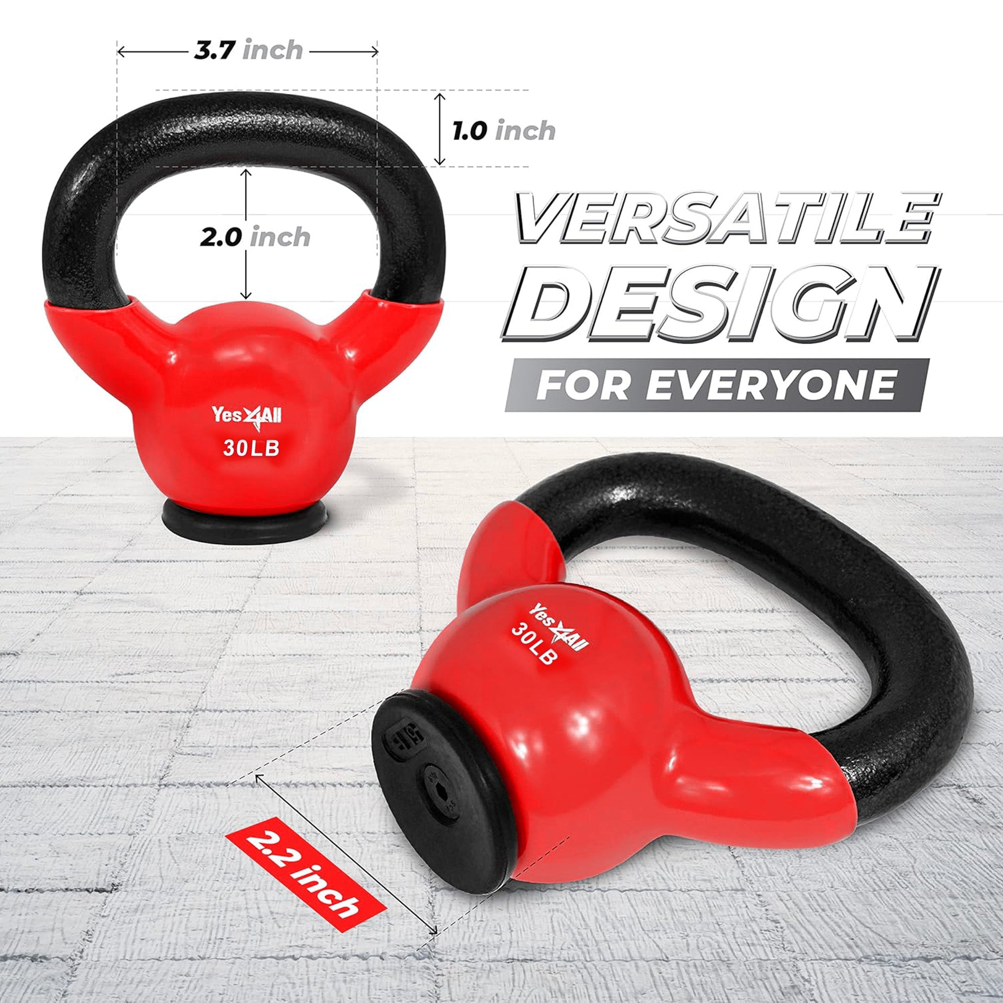 Yes4All 30 Pound Kettlebell, Vinyl Coated Cast Iron Weight w/Rubber Base, Red (Open Box)