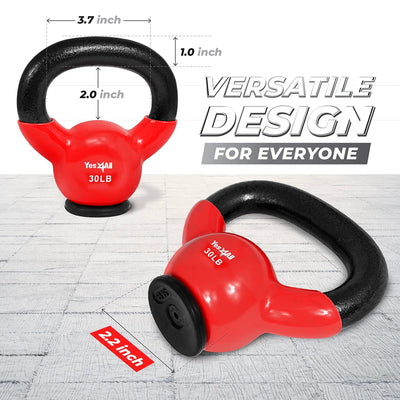 Yes4All 30 Pound Kettlebell, Vinyl Coated Cast Iron Weight w/Rubber Base, Red (Open Box)
