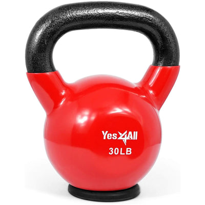 Yes4All 30 Pound Kettlebell, Vinyl Coated Cast Iron Weight w/Rubber Base, Red (Open Box)