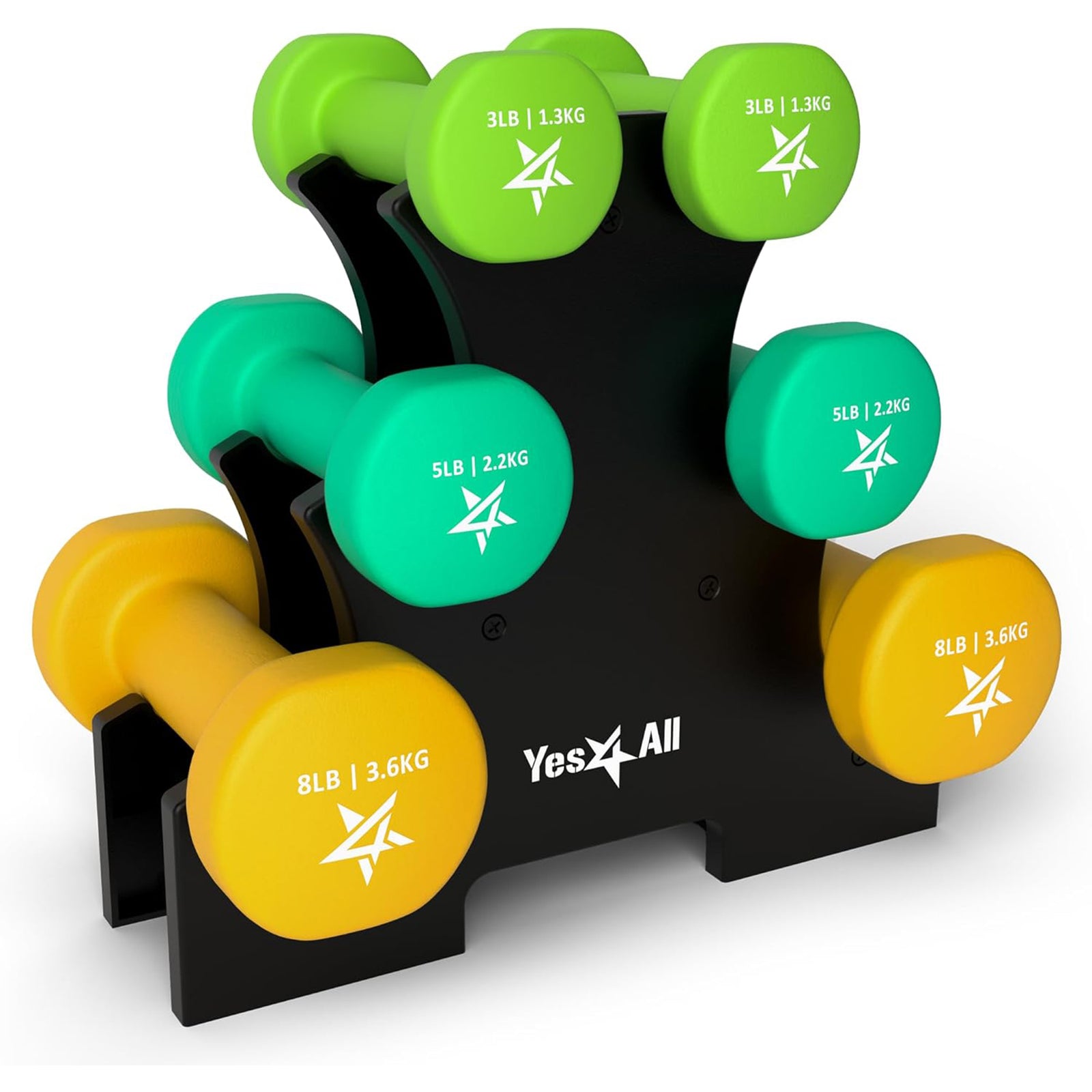 Yes4All Neoprene Dumbbell Set, Pair of 3, 5, 8 Pound Hand Weights with Rack - VMInnovations